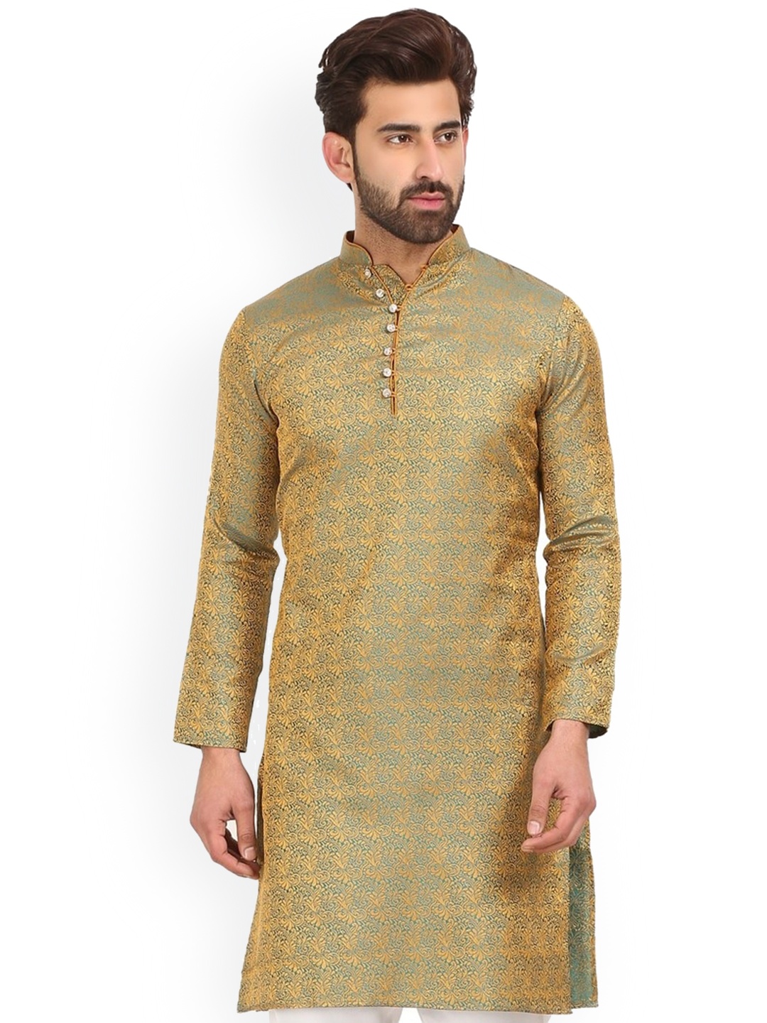 

Sydney Heights Mandarin Collar Long Sleeves Jacquard Straight Kurta, Green