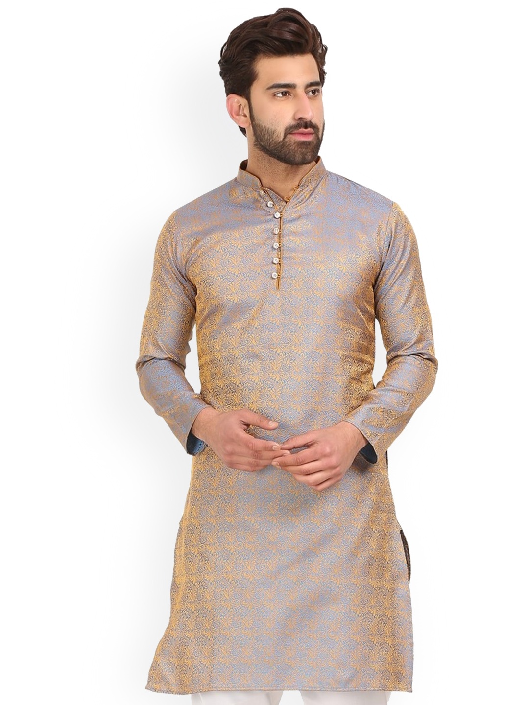 

Sydney Heights Long Sleeves Mandarin Collar Jacquard Kurta, Blue