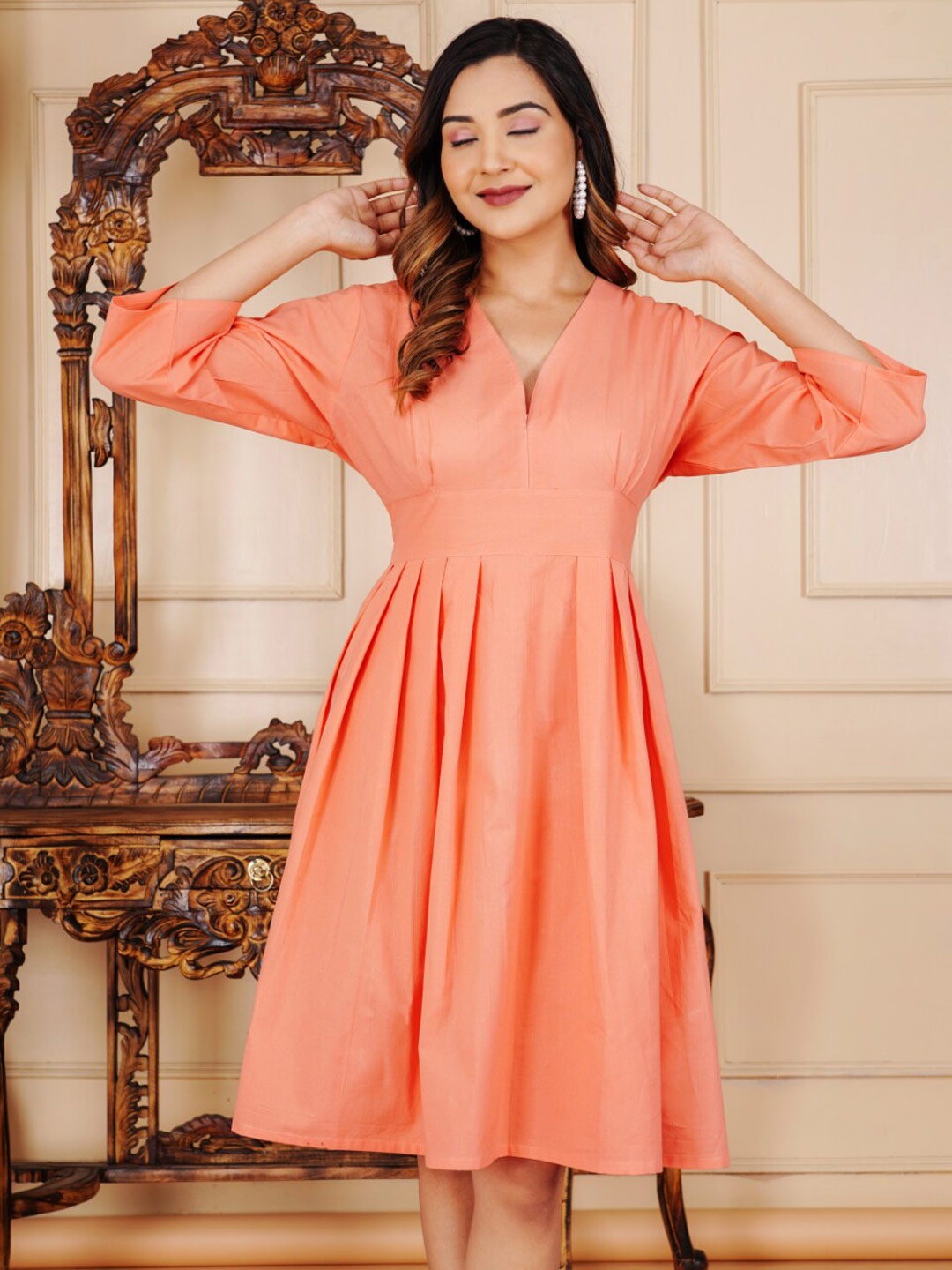 

Aimca V-Neck Regular Sleeves Above Knee A-Line Dress, Orange