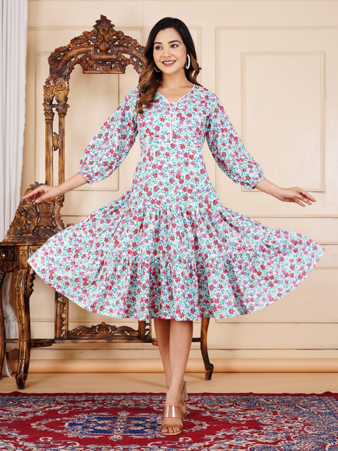 

Aimca Floral Print V-Neck Puff Sleeve Tiered Fit and Flare Dress, Off white