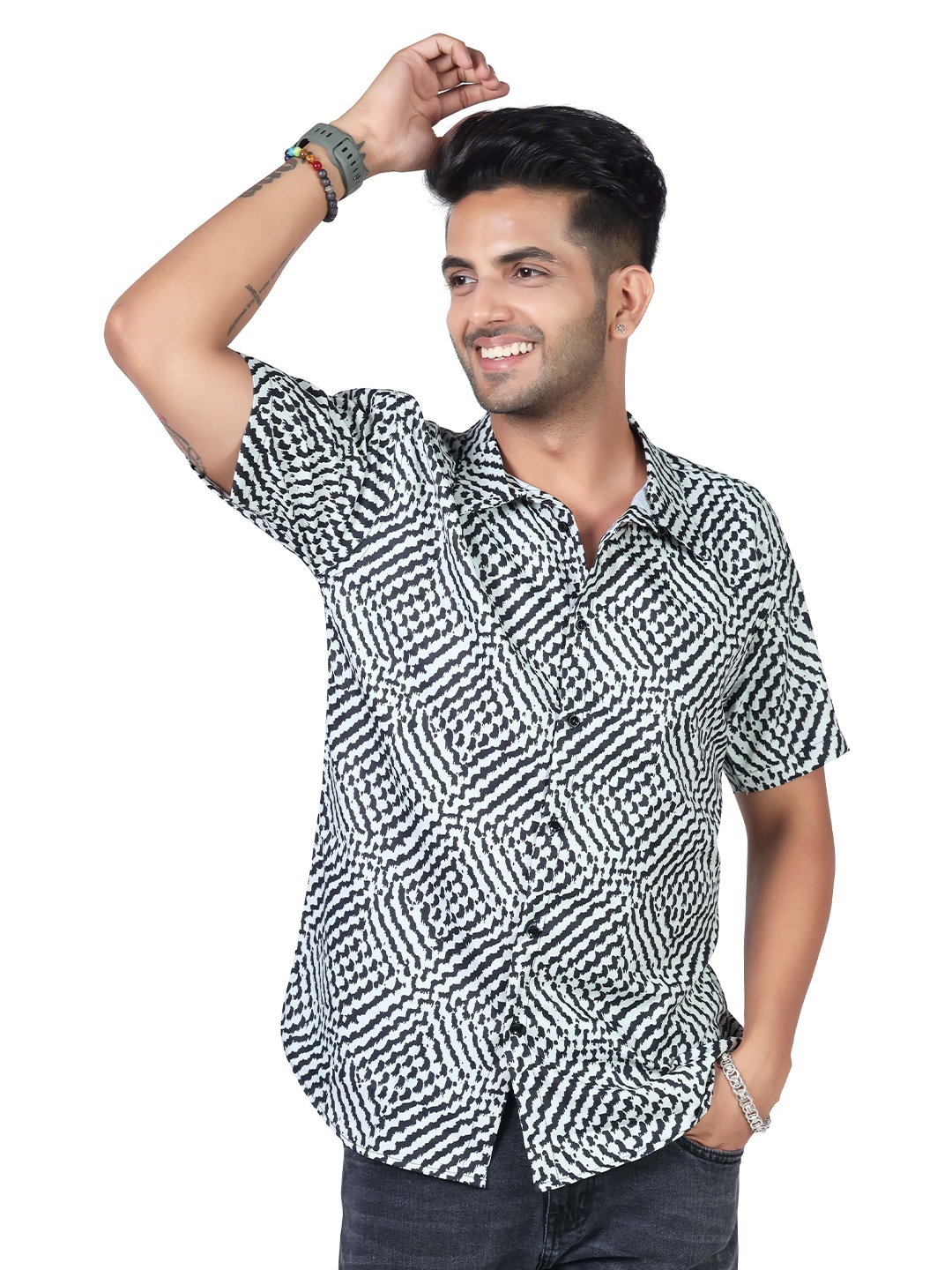 

HARPITA Relaxed Geometric Printed Casual Shirt, White