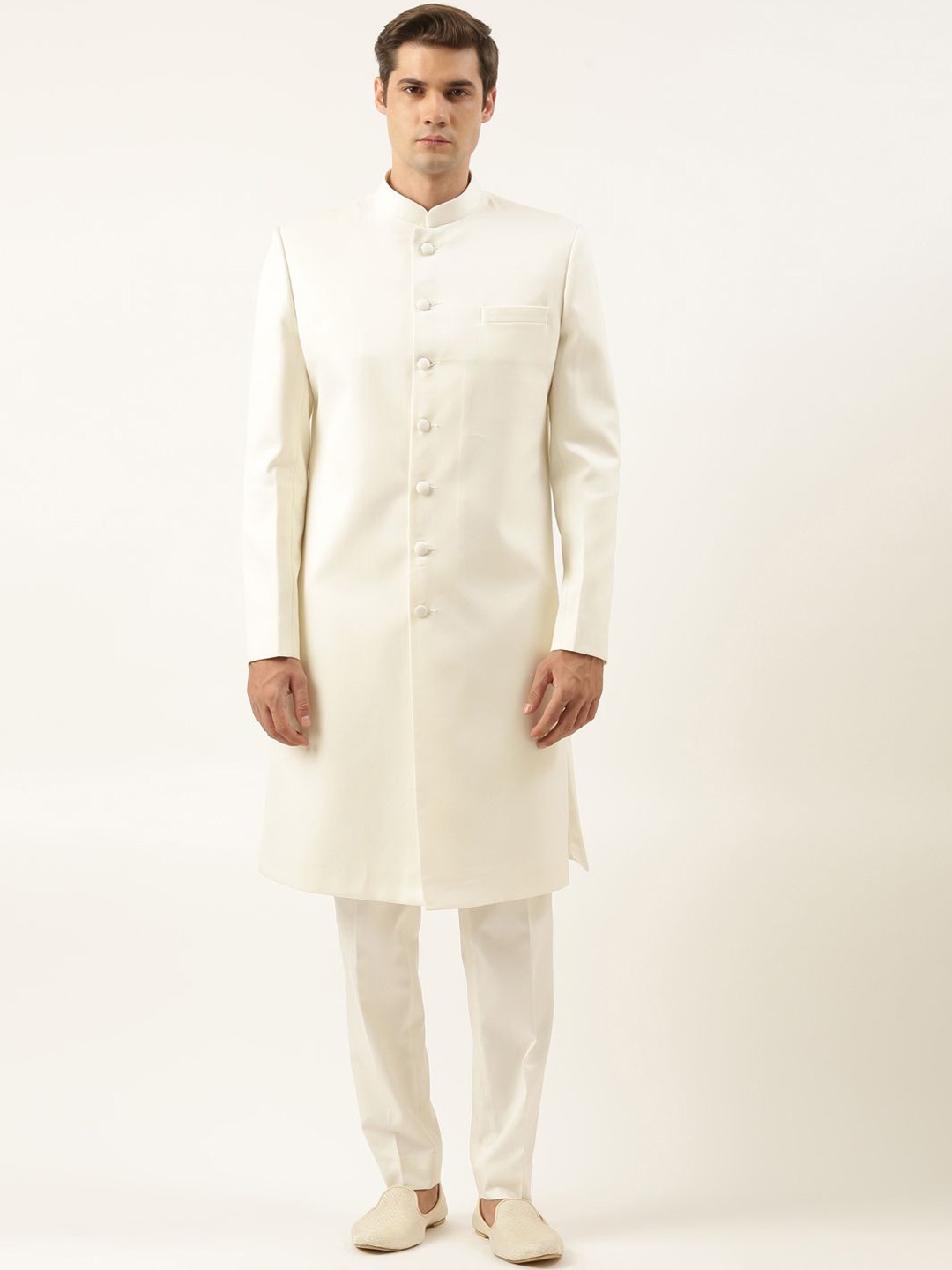 

TheEthnic.Co Mandarin Collar Achkan Sherwani Set, Cream