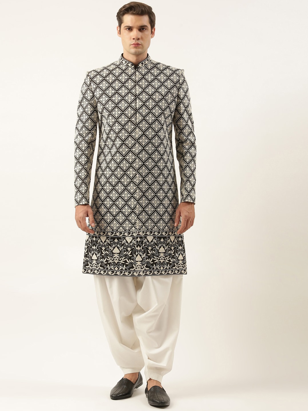 

TheEthnic.Co Embroidered Mandarin Collar Silk Sherwani Set, Black