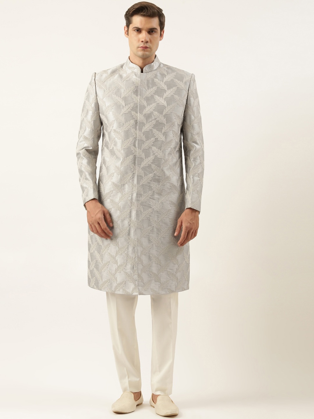 

TheEthnic.Co Embroidered Mandarin Collar Achkan Pure Silk Sherwani, Grey