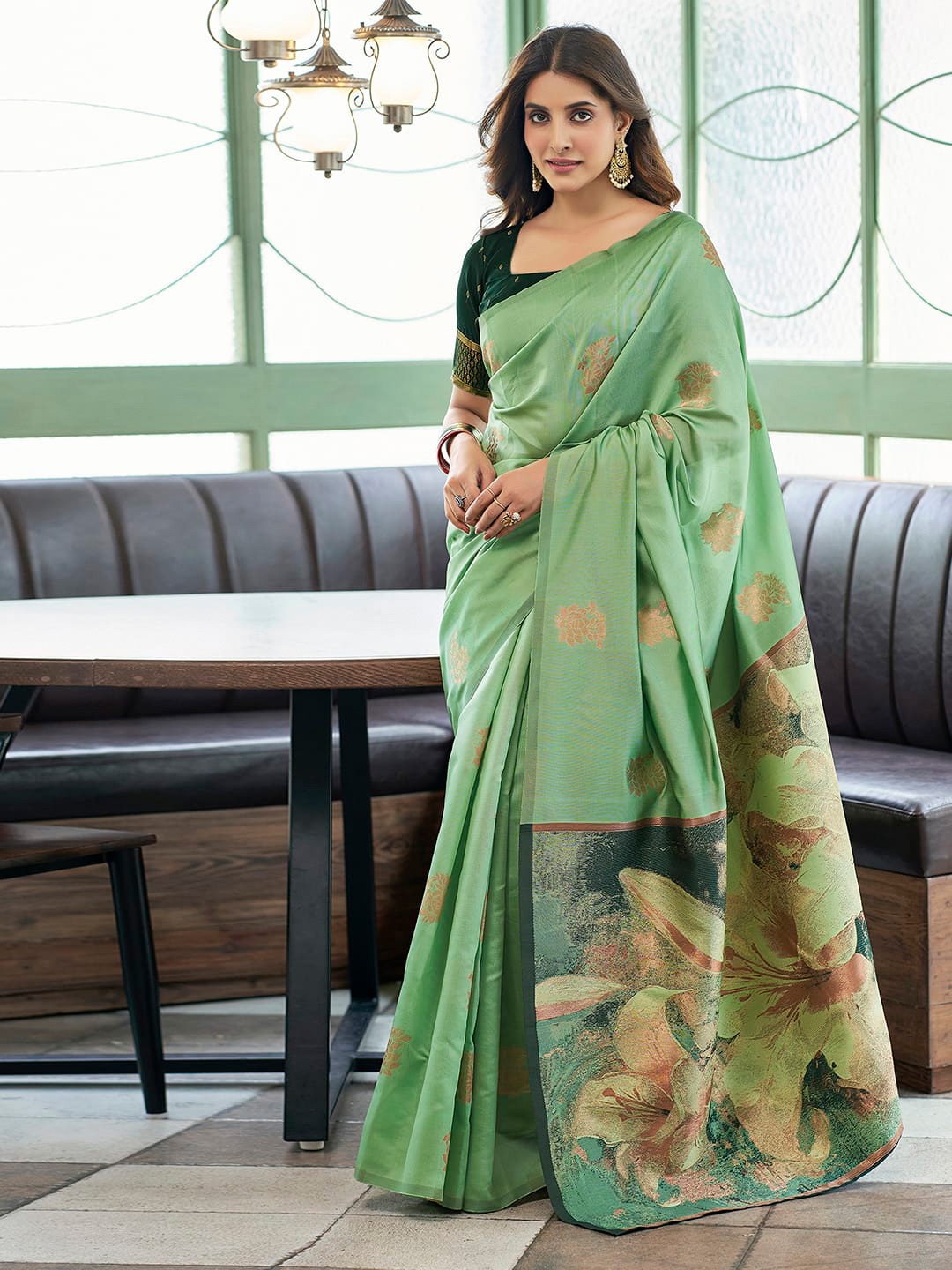 

Satrani Floral Zari Silk Blend Saree, Lime green