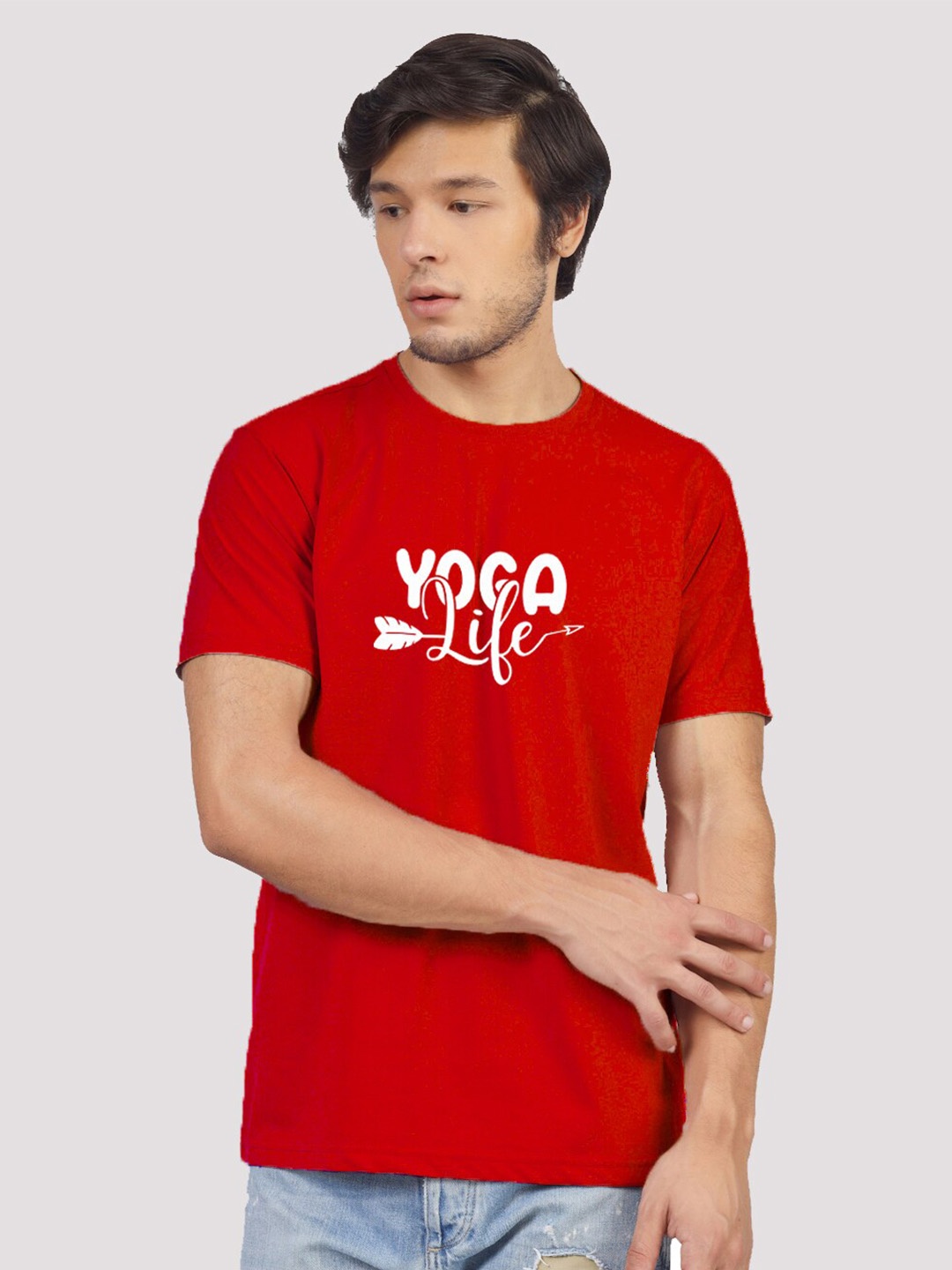 Greylongg Typography Printed Round Neck Casual T-shirt, Red