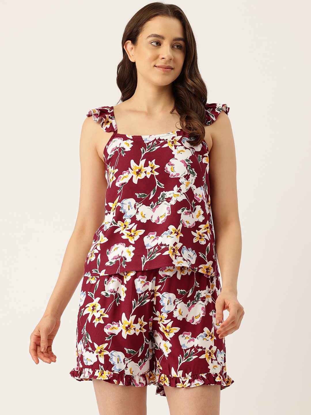

ETC Women Floral Printed Night Suit, Red