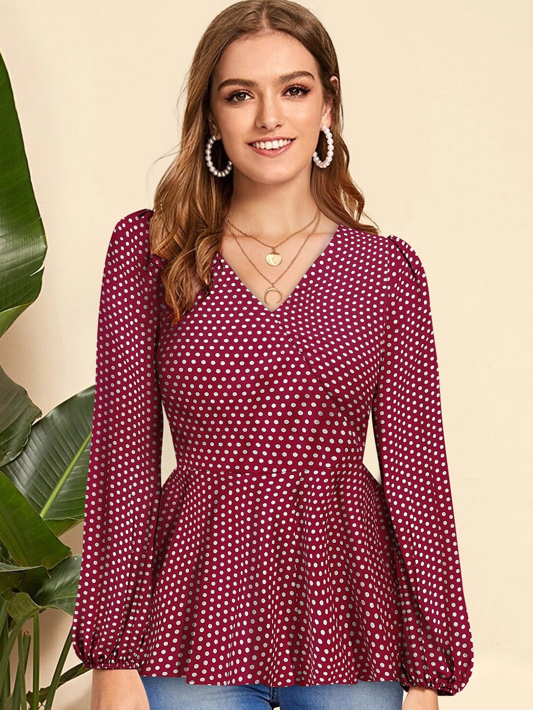 

KERI PERRY Polka Dot Printed Puff Sleeves Peplum Top, Maroon