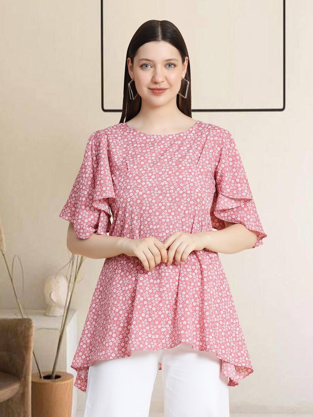 

KERI PERRY Floral Printed Flared Sleeves High Low Longline Top, Pink