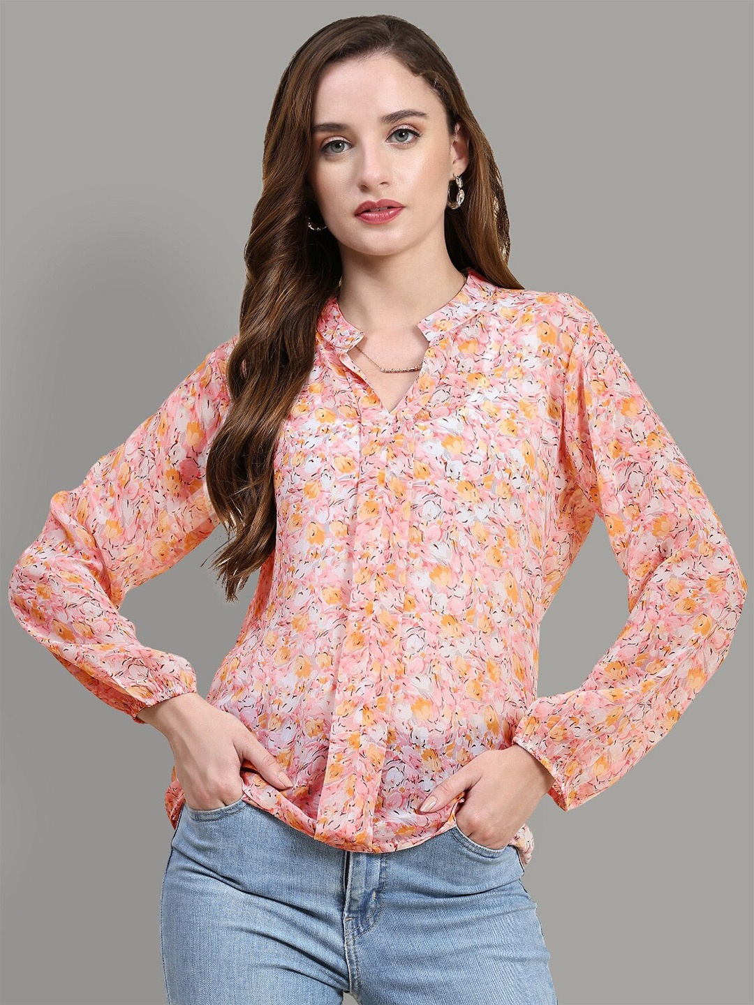 

KERI PERRY Floral Printed Mandarin Collar Puff Sleeves Georgette Shirt Style Top, Peach