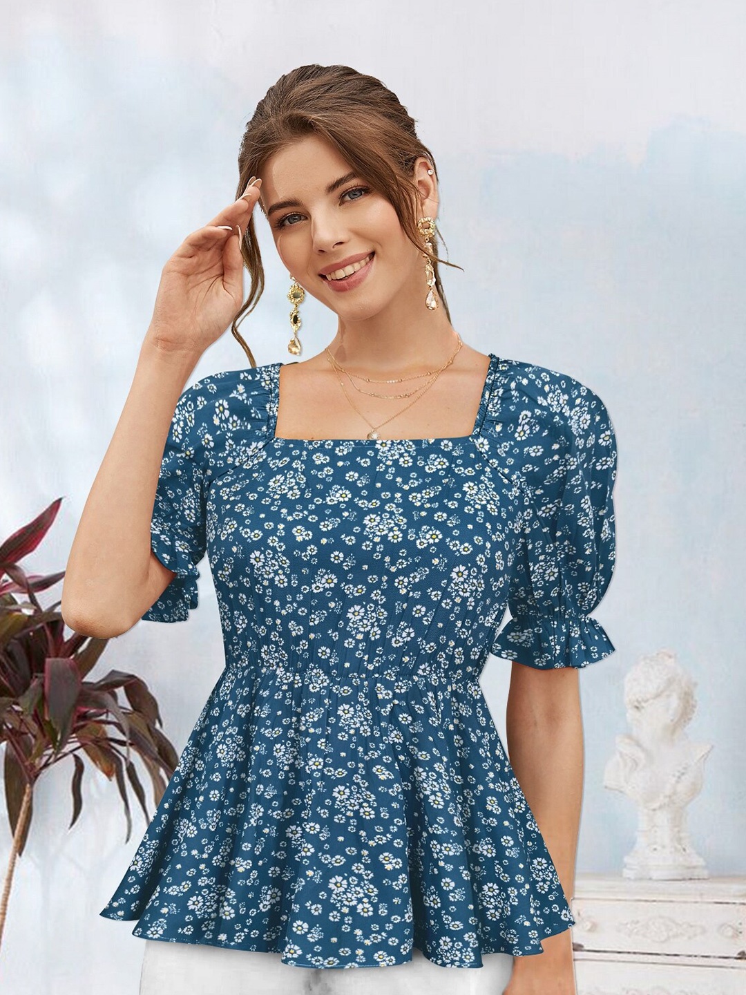 

KERI PERRY Floral Printed Square Neck Puff Sleeves Peplum Top, Blue