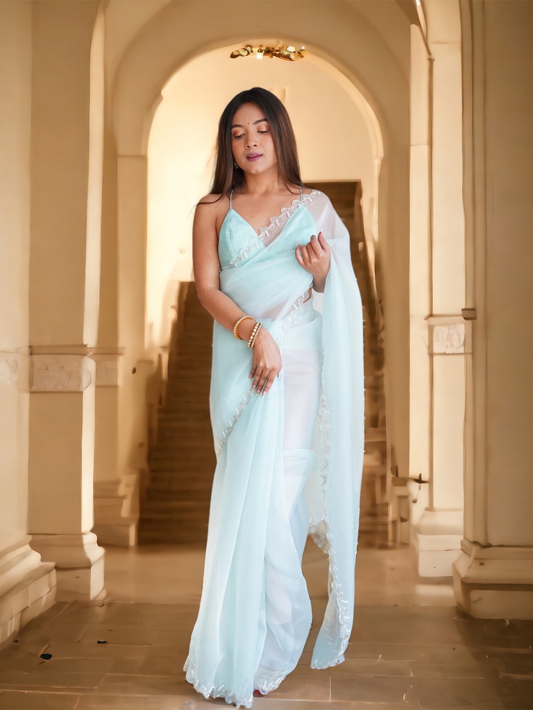 

Vastrasky Global Embroidered Organza Saree, Blue