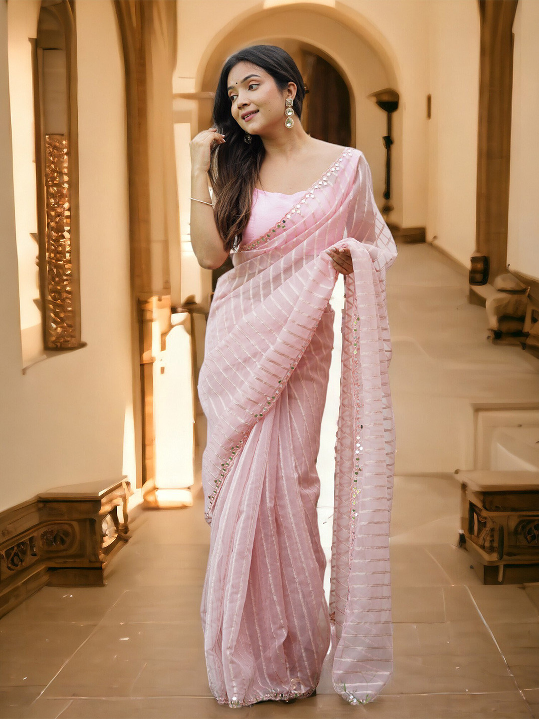 

Vastrasky Global Striped Embroidered Organza Saree, Pink