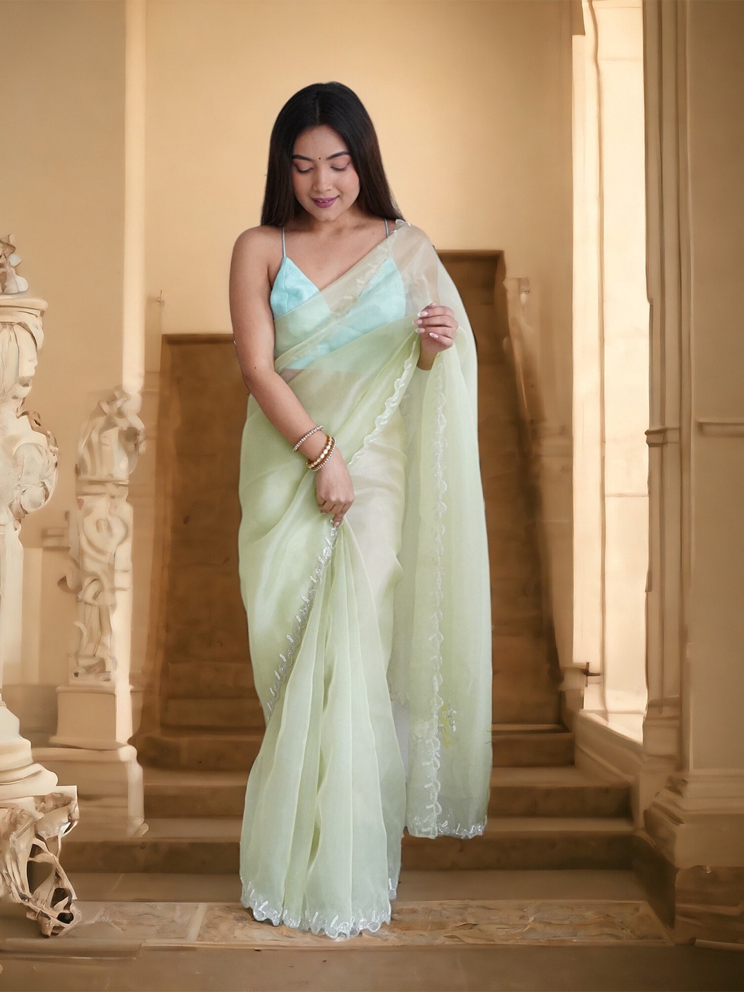 

Vastrasky Global Embroidered Organza Saree, Green