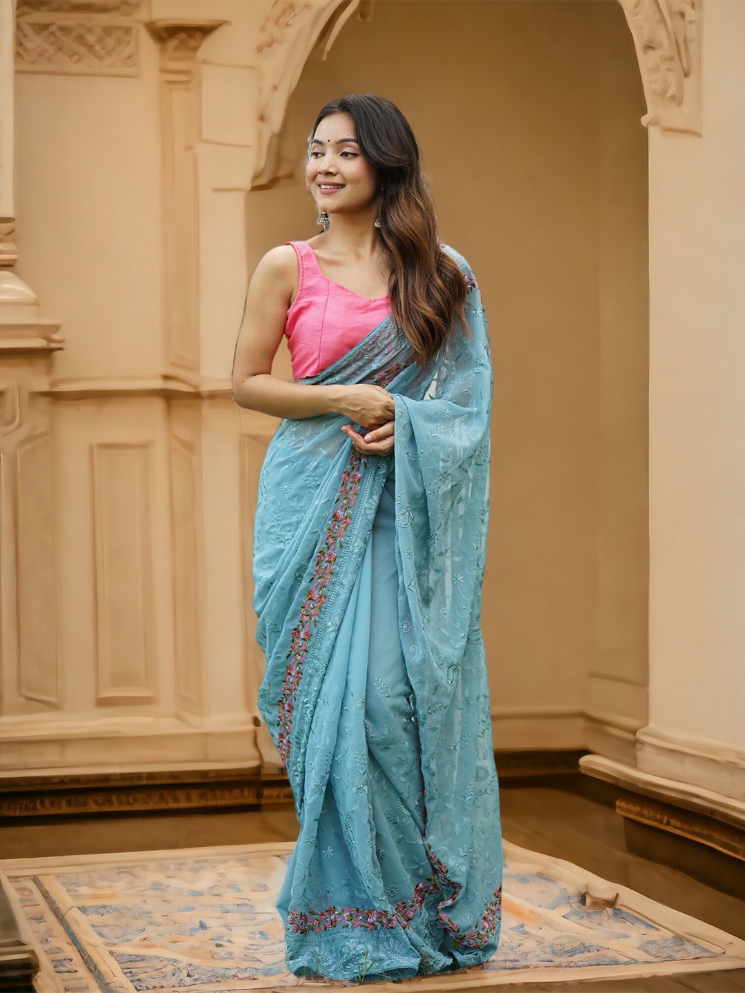 

Vastrasky Global Floral Embroidered Organza Saree, Blue