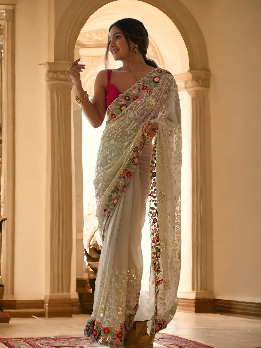 

Vastrasky Global Floral Embroidered Organza Saree, White