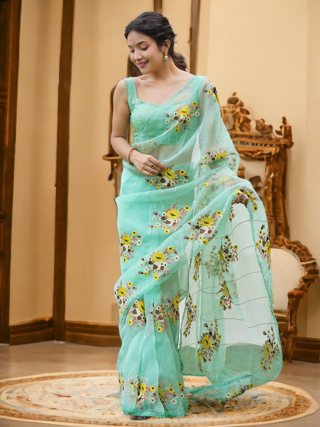 

Vastrasky Global Floral Embroidered Organza Saree, Teal