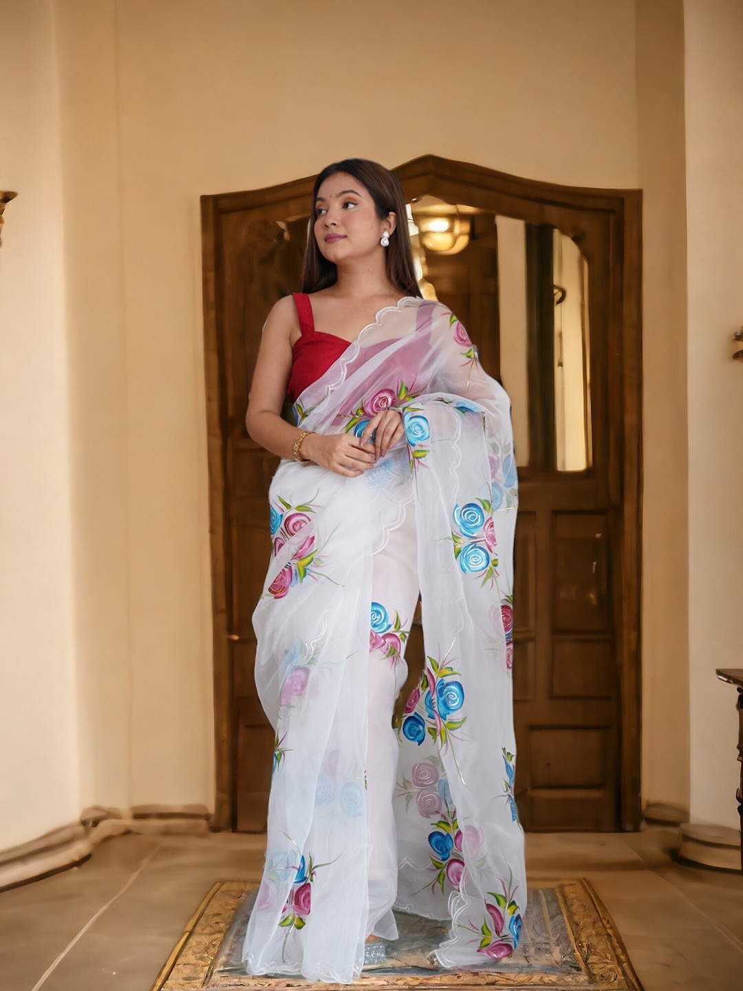 

Vastrasky Global Floral Embroidered Organza Saree, White
