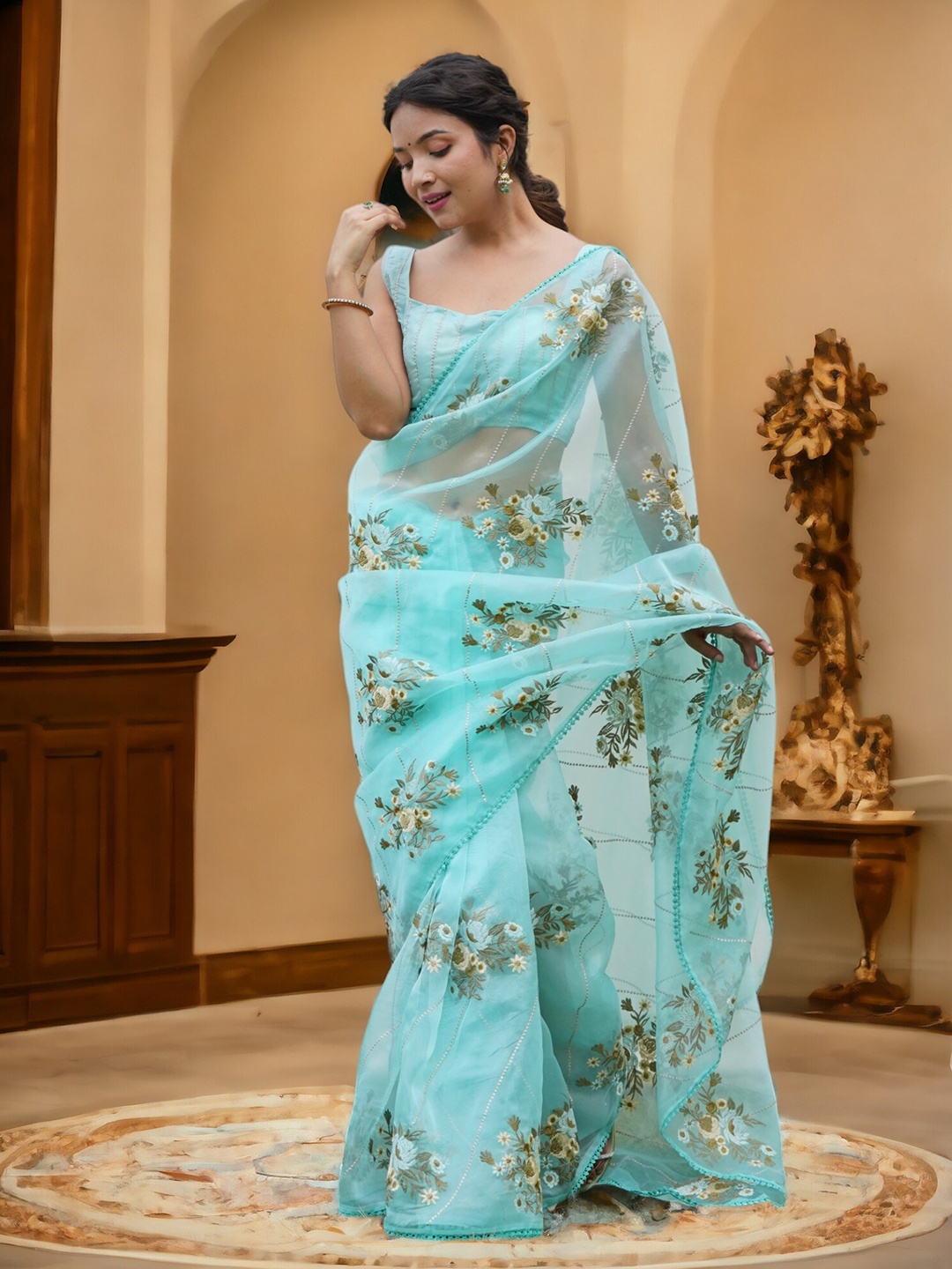 

Vastrasky Global Floral Embroidered Organza Saree, Blue