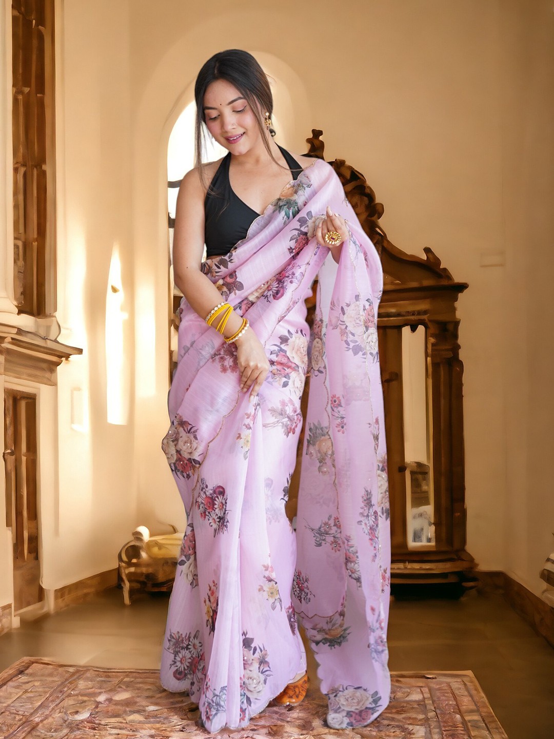 

Vastrasky Global Women Floral Embroidered Organza Saree, Pink