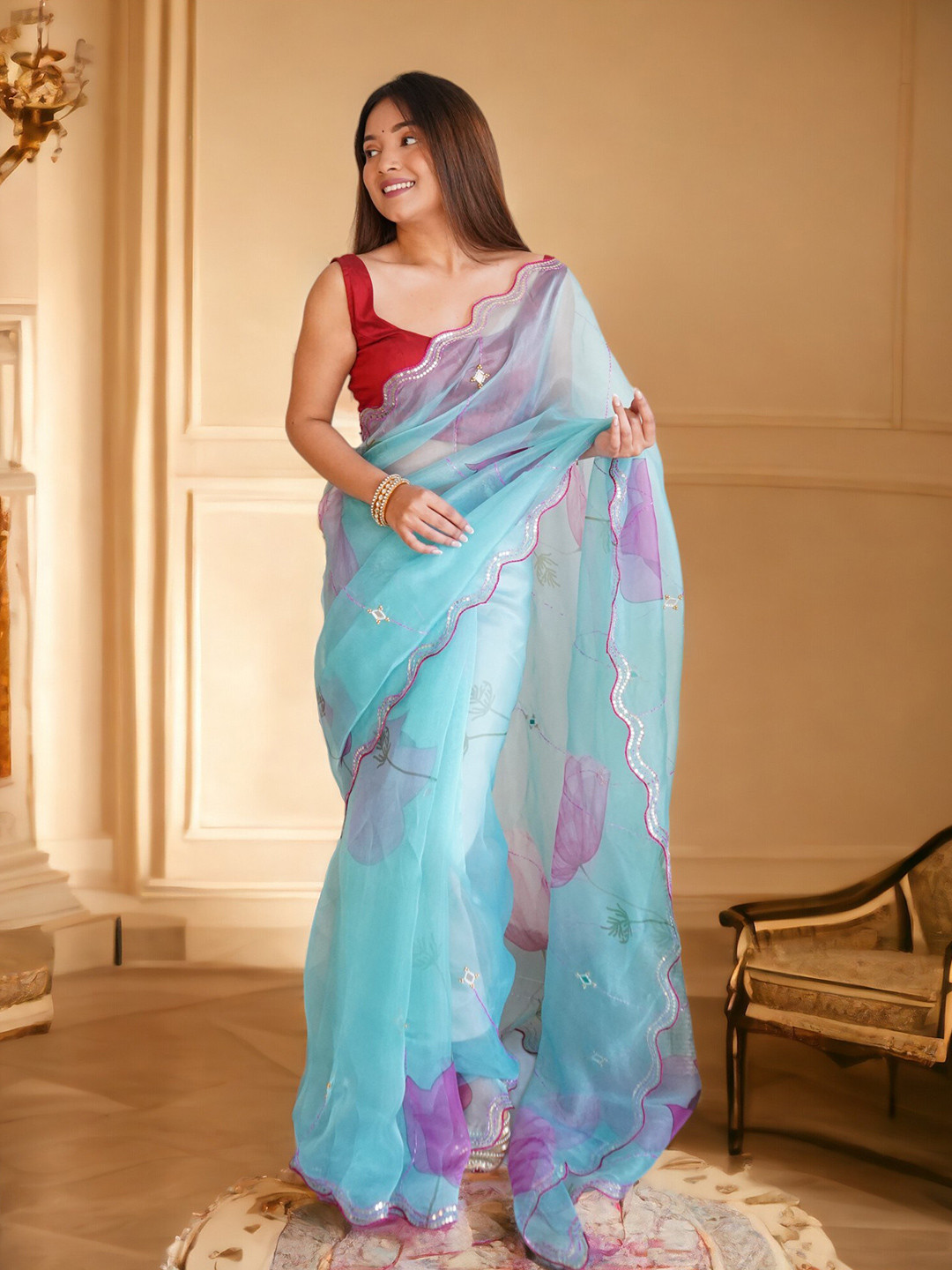 

Vastrasky Global Ethnic Motifs Embroidered Organza Saree, Blue