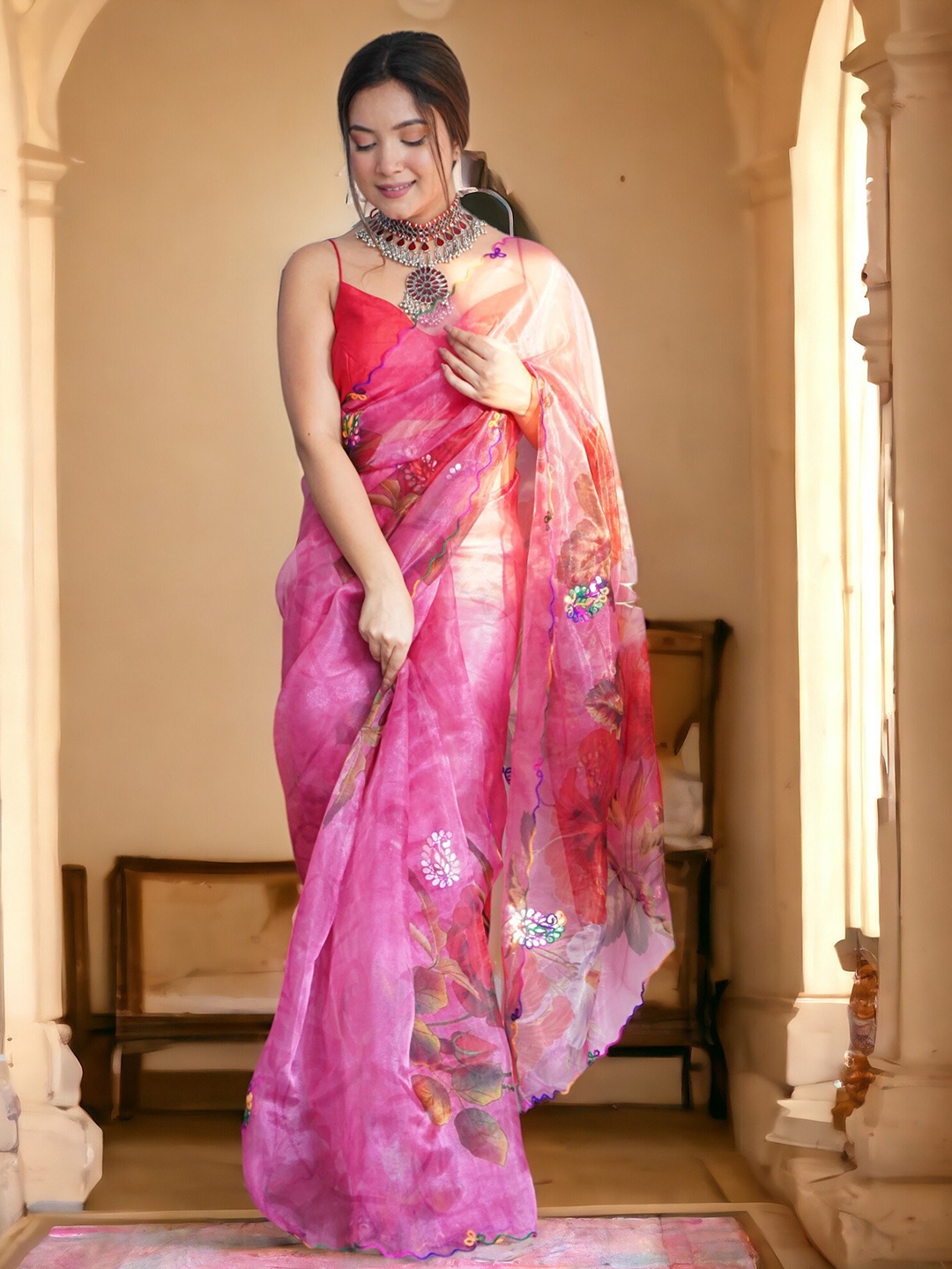 

Vastrasky Global Floral Embroidered Organza Saree, Pink