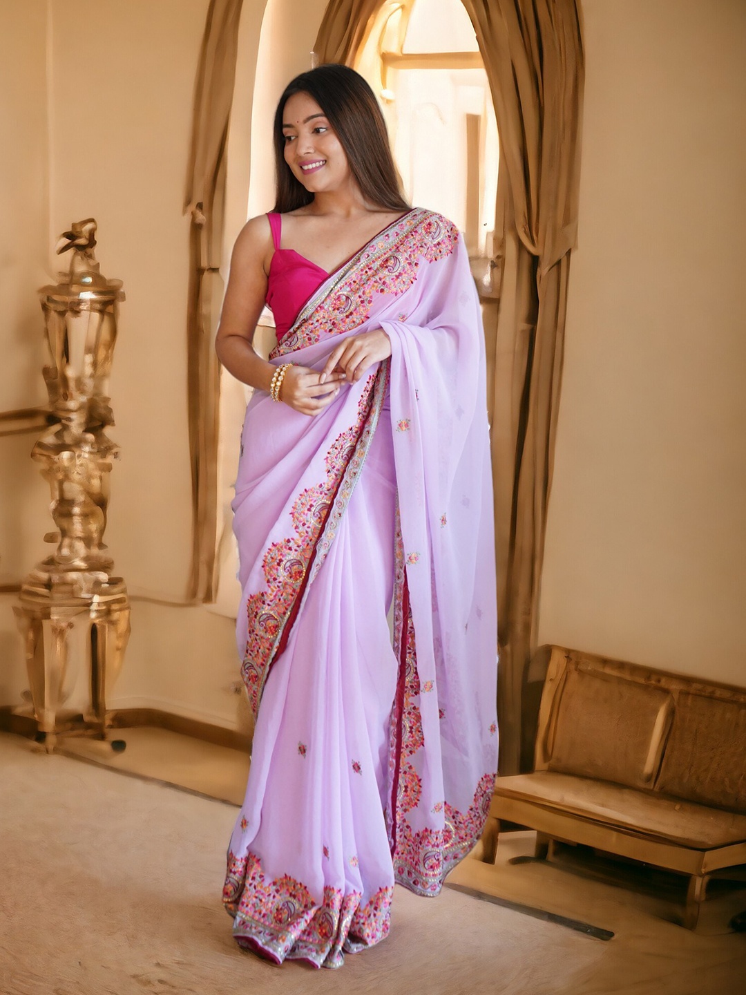 

Vastrasky Global Floral Embroidered Organza Saree, Lavender