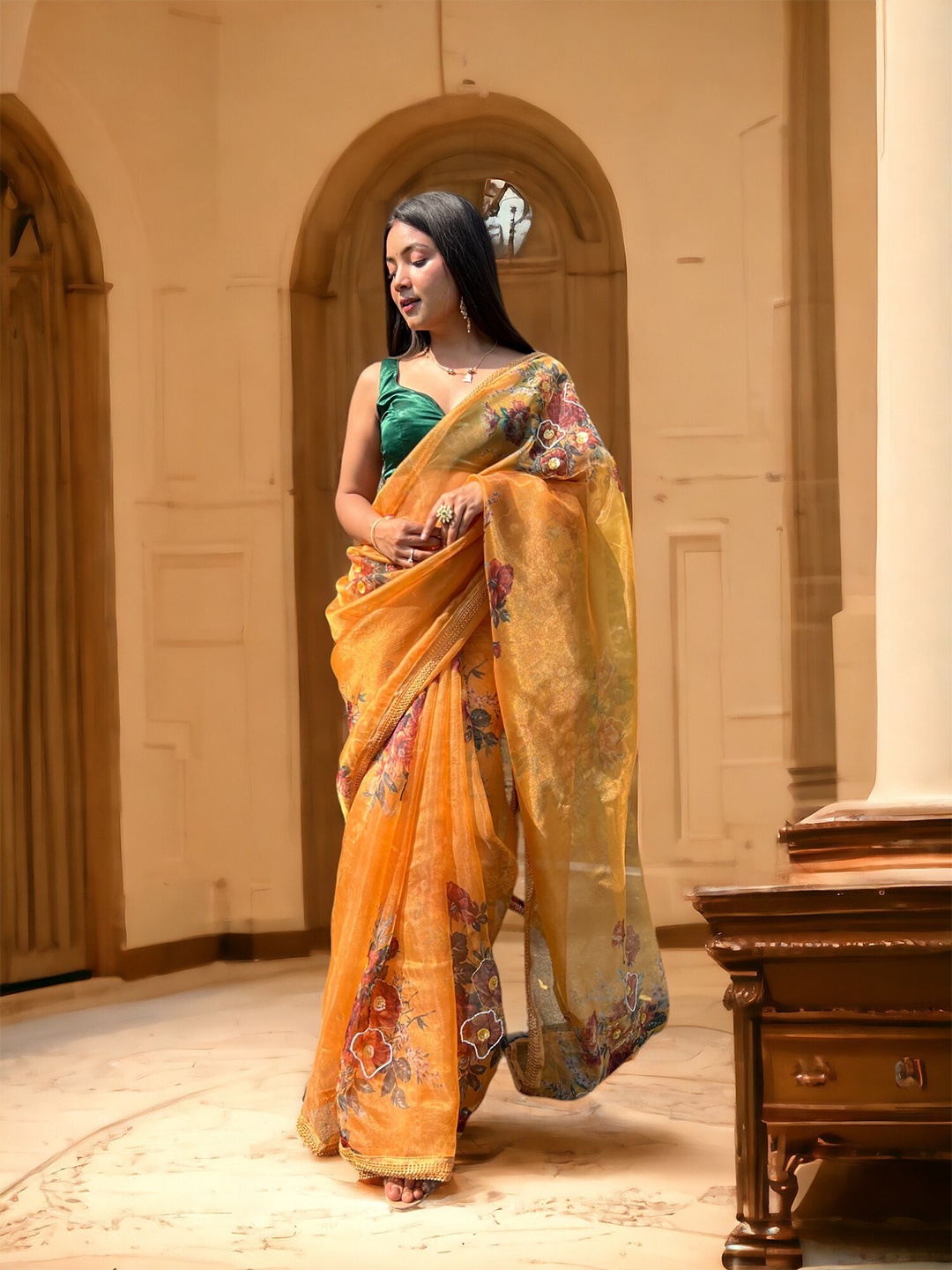 

Vastrasky Global Women Floral Embroidered Organza Saree With Blouse Piece, Yellow