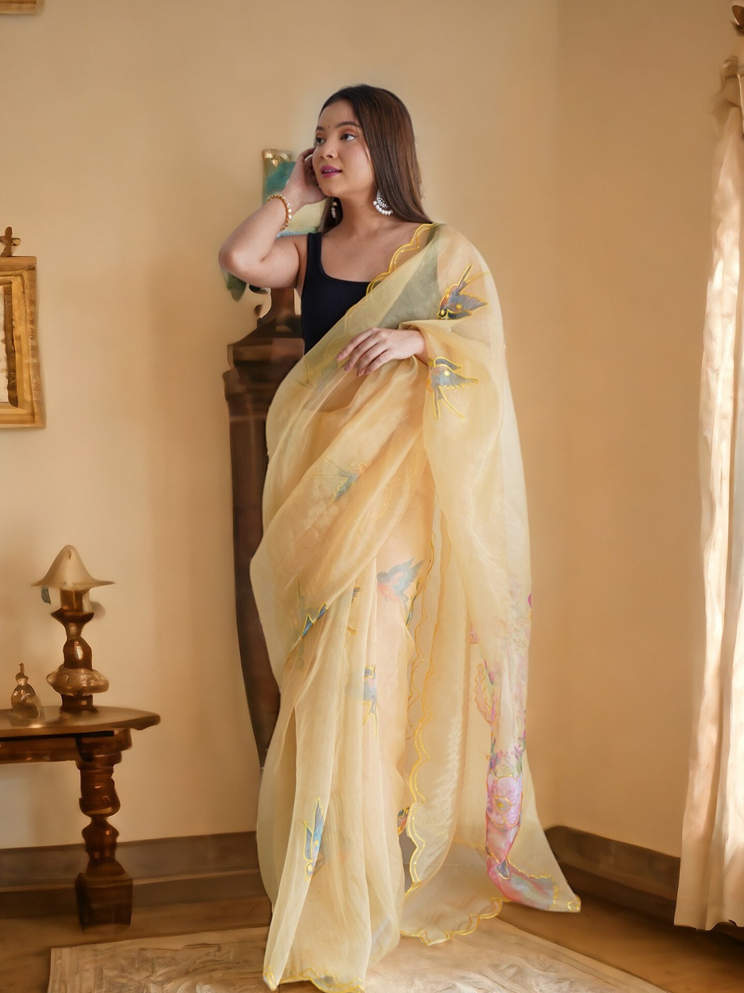 

Vastrasky Global Floral Embroidered Organza Saree, Yellow