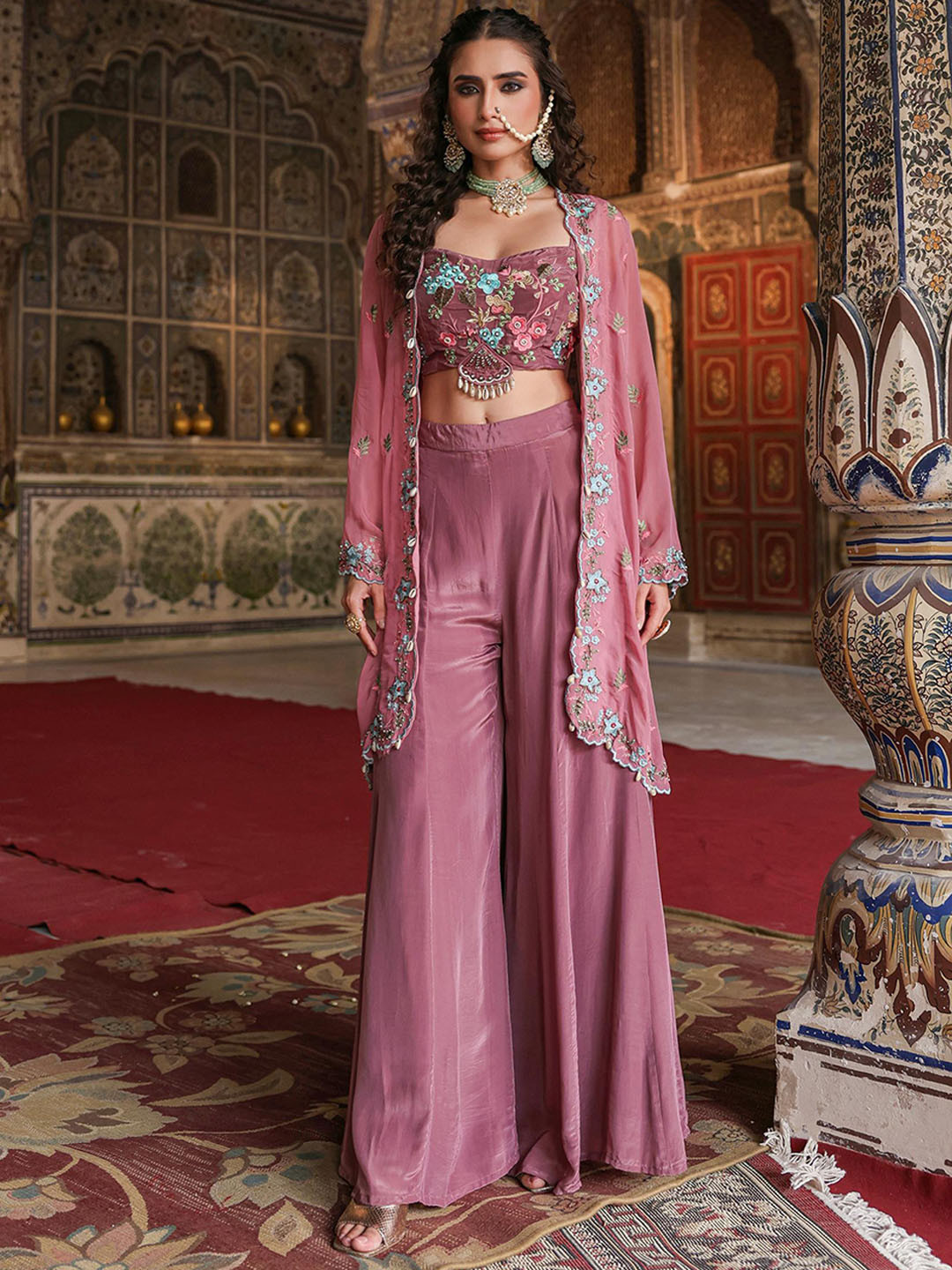 

SCAKHI Embroidered Top With Cape & Palazzos Co-Ords, Mauve