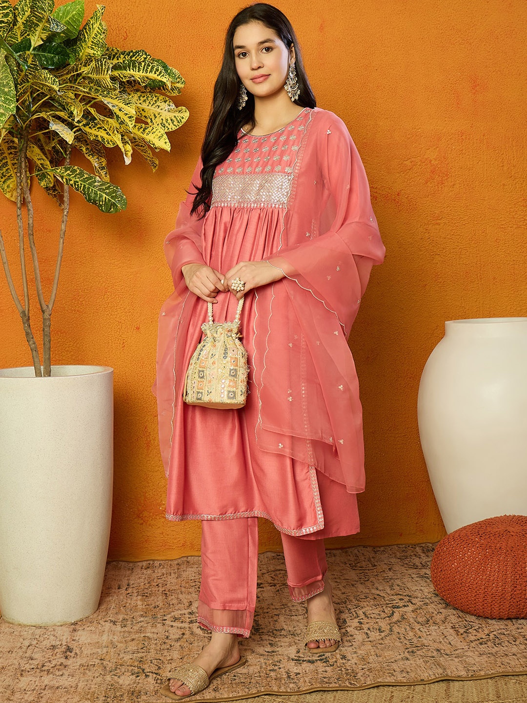 

AHIKA Ethnic Motifs Yoke Design Regular Sequinned Straight Kurta With Trousers & Dupatta, Peach