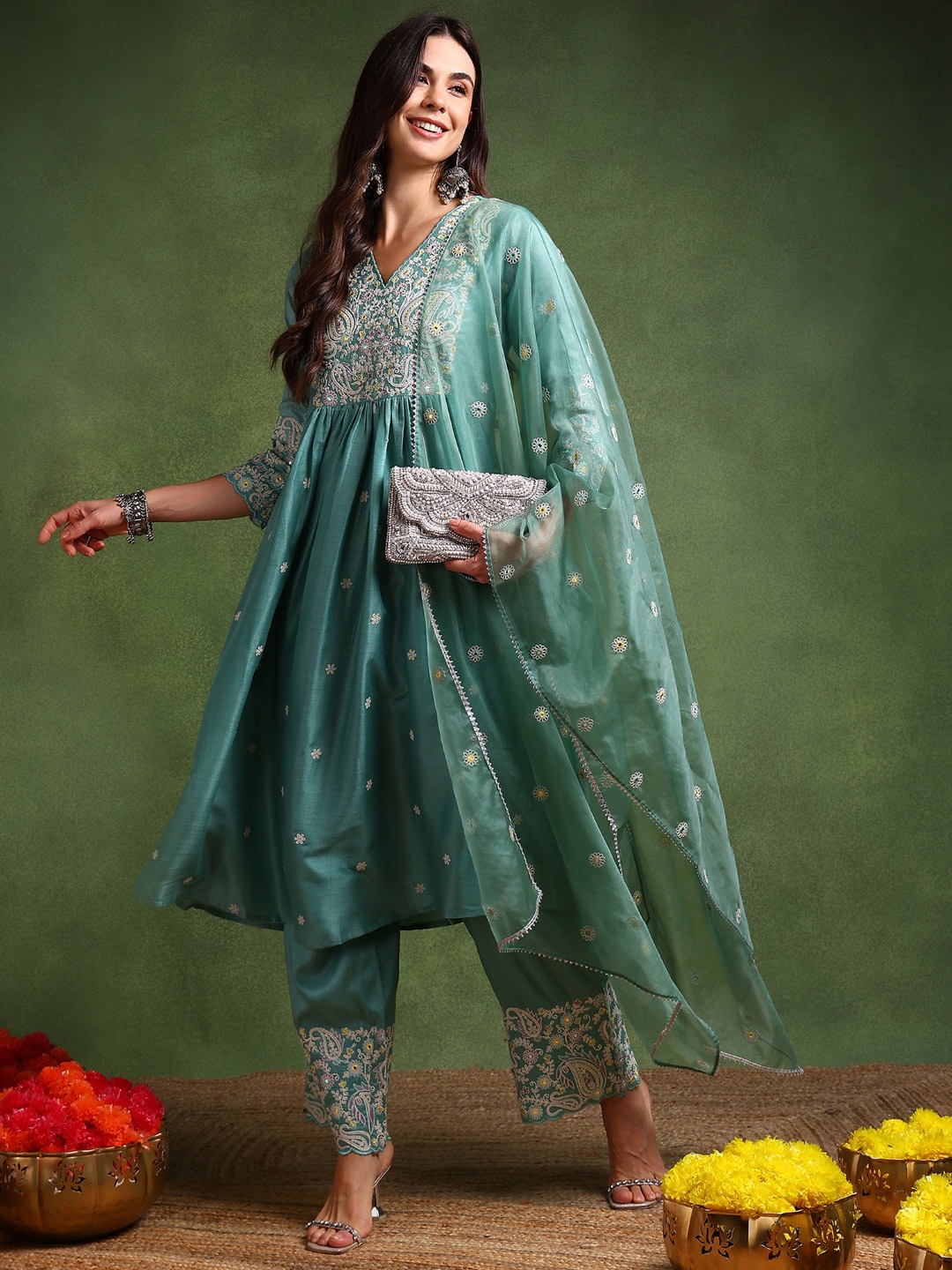 

AHIKA Floral Embroidered V-Neck Regular Sleeves Empire Kurta With Palazzos & Dupatta, Sea green