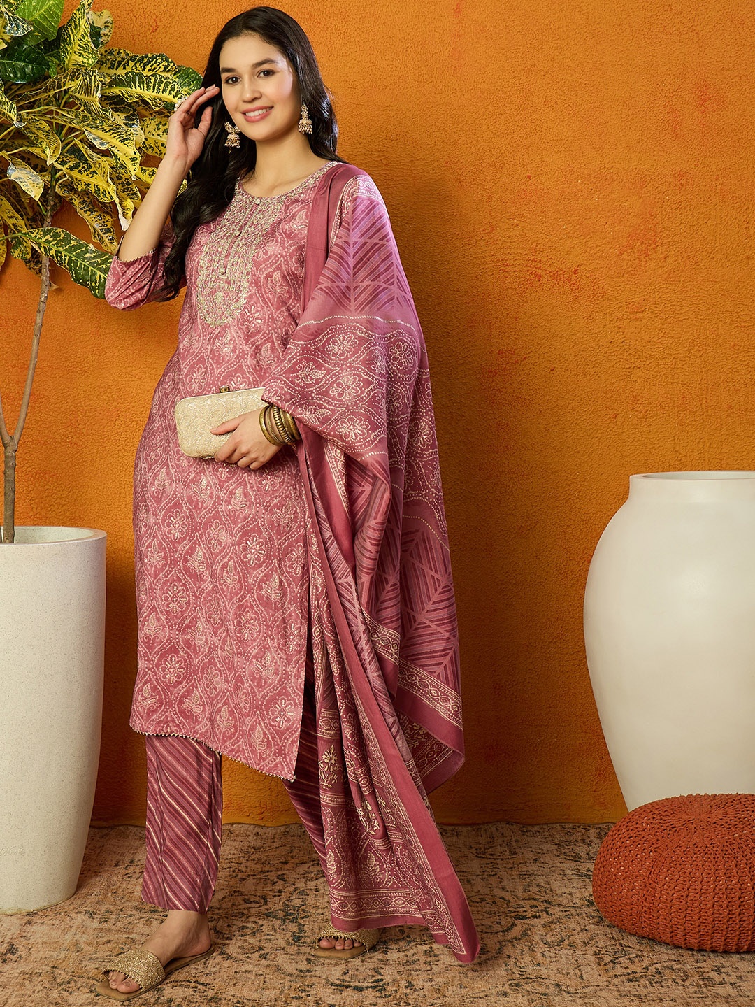 

AHIKA Pink Bandhani Printed Yoke Design Zari Work Kurta With Trousers & Dupatta