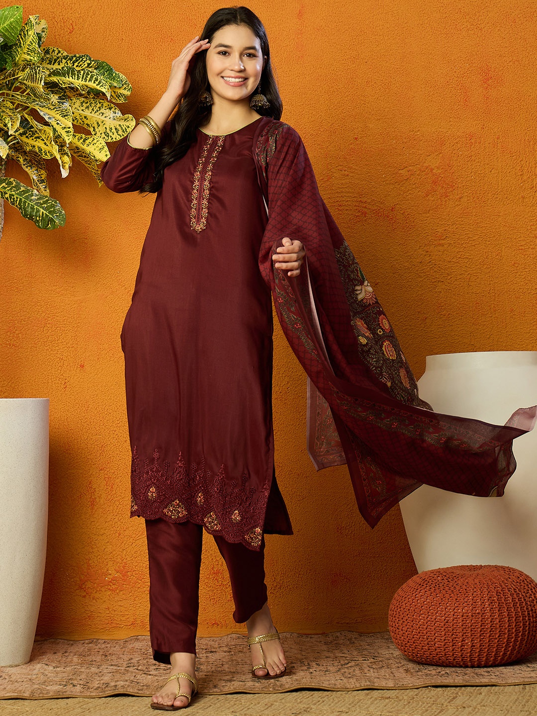 

AHIKA Red Floral Embroidered Regular Thread Work Straight Kurta with Trousers & Dupatta