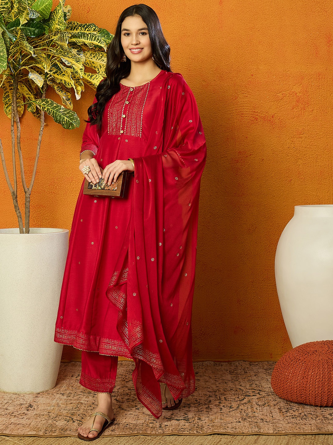 

AHIKA Maroon Floral Printed Gotta Patti Empire Anarkali Kurta With Trousers & Dupatta