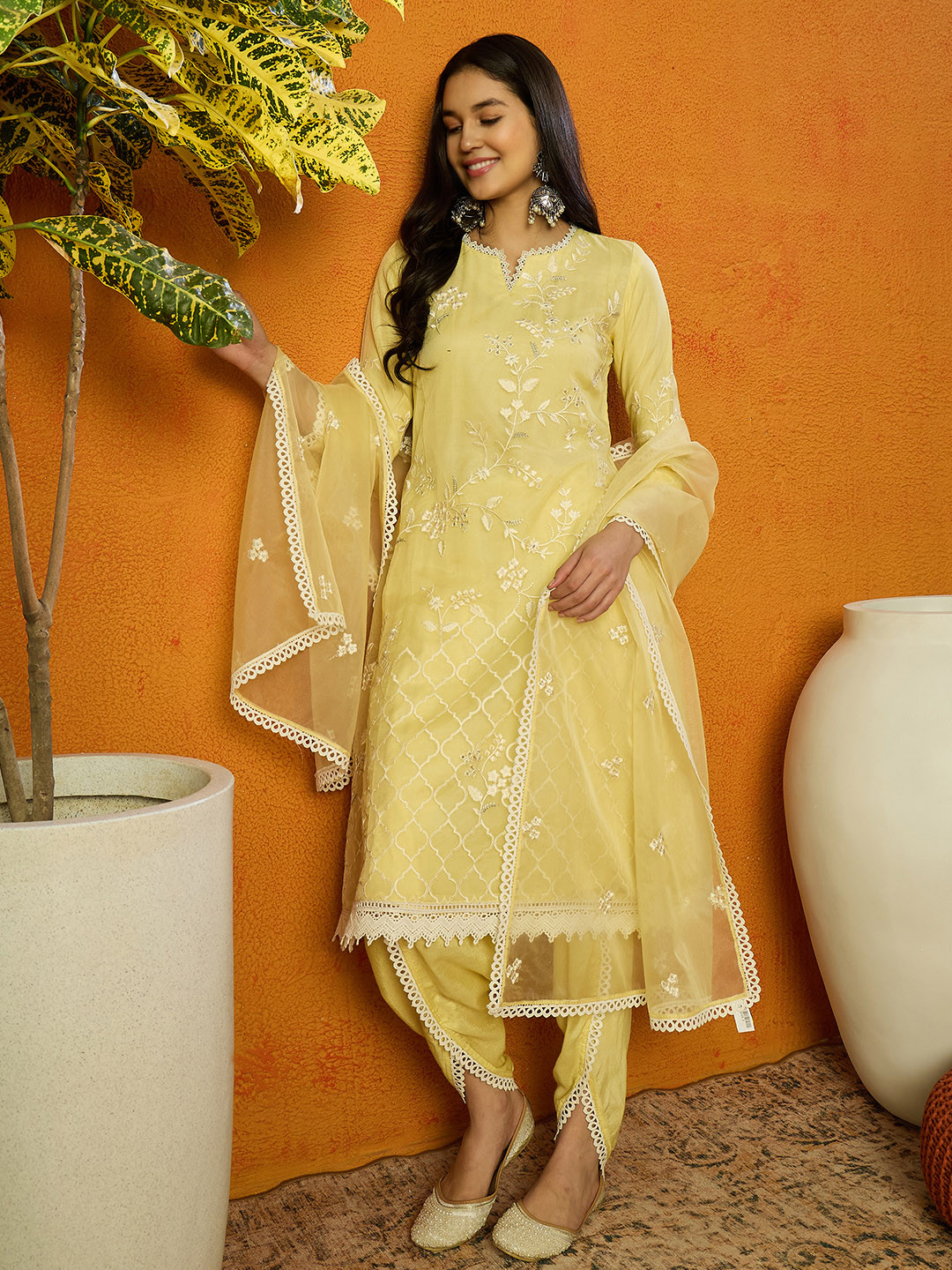 

AHIKA Floral Embroidered Empire Thread Work A-Line Kurta With Dhoti Pants & Dupatta, Yellow