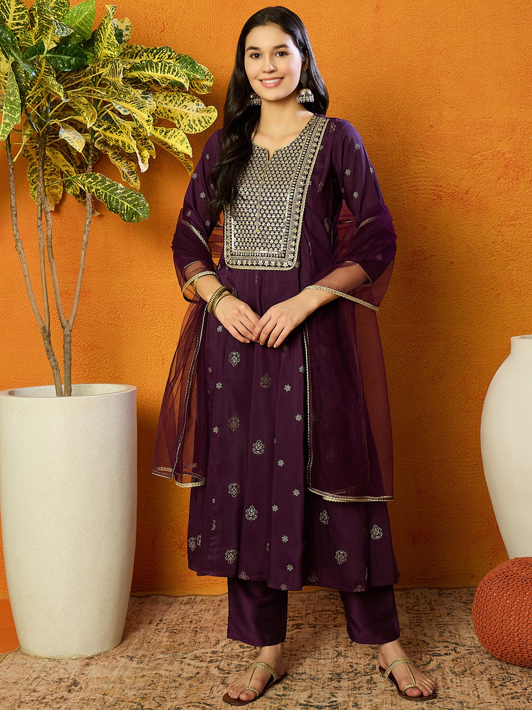

AHIKA Purple Floral Embroidered Zari Work Anarkali Kurta With Trousers & Dupatta