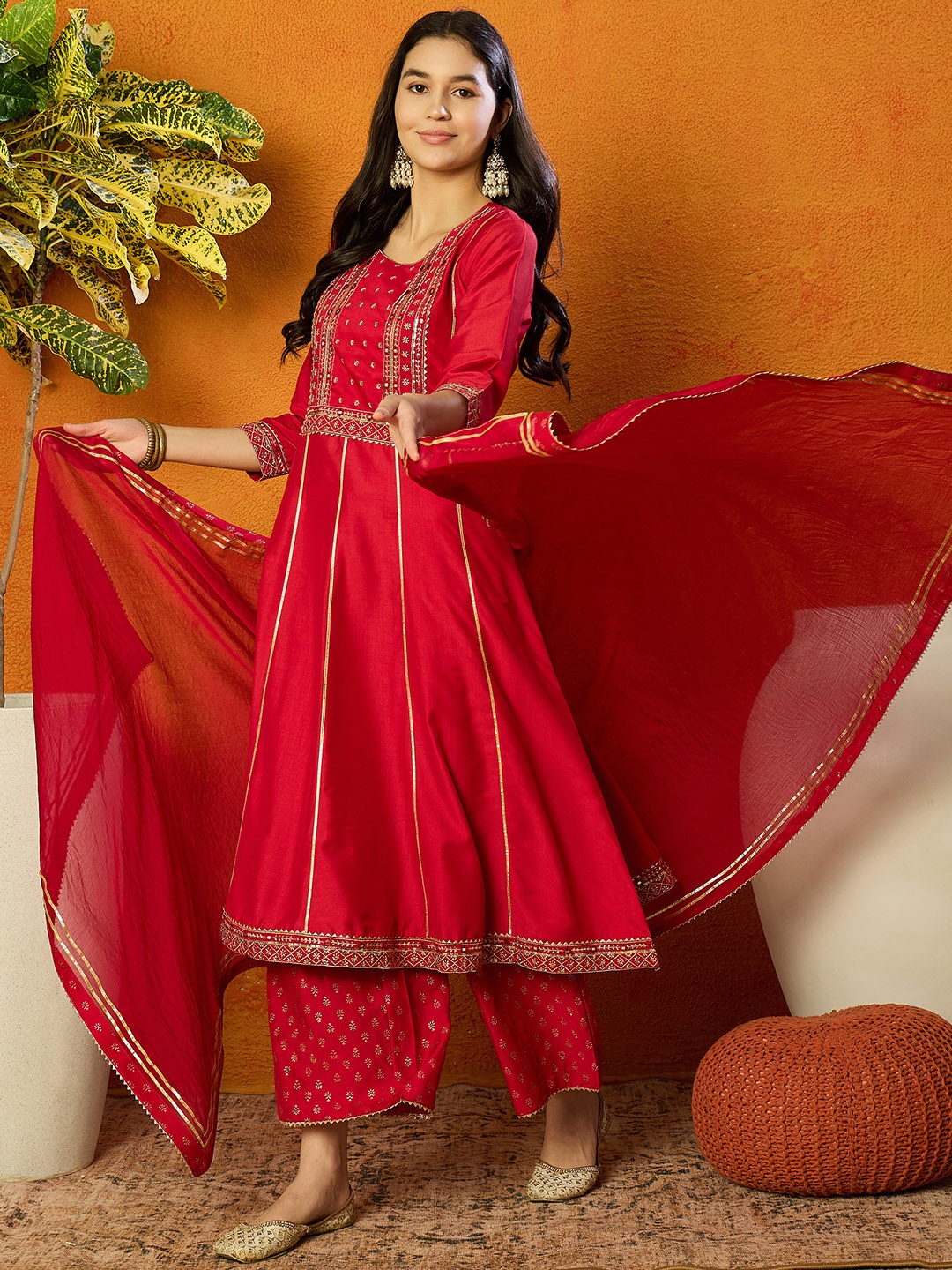 

AHIKA Red Floral Yoke Design Mirror Work Anarkali Kurta with Palazzos & Dupatta