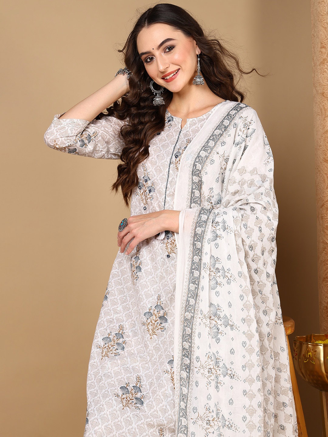 

AHIKA Ethnic Motifs Printed Mirror Work Straight Kurta With Trousers & Dupatta, Off white