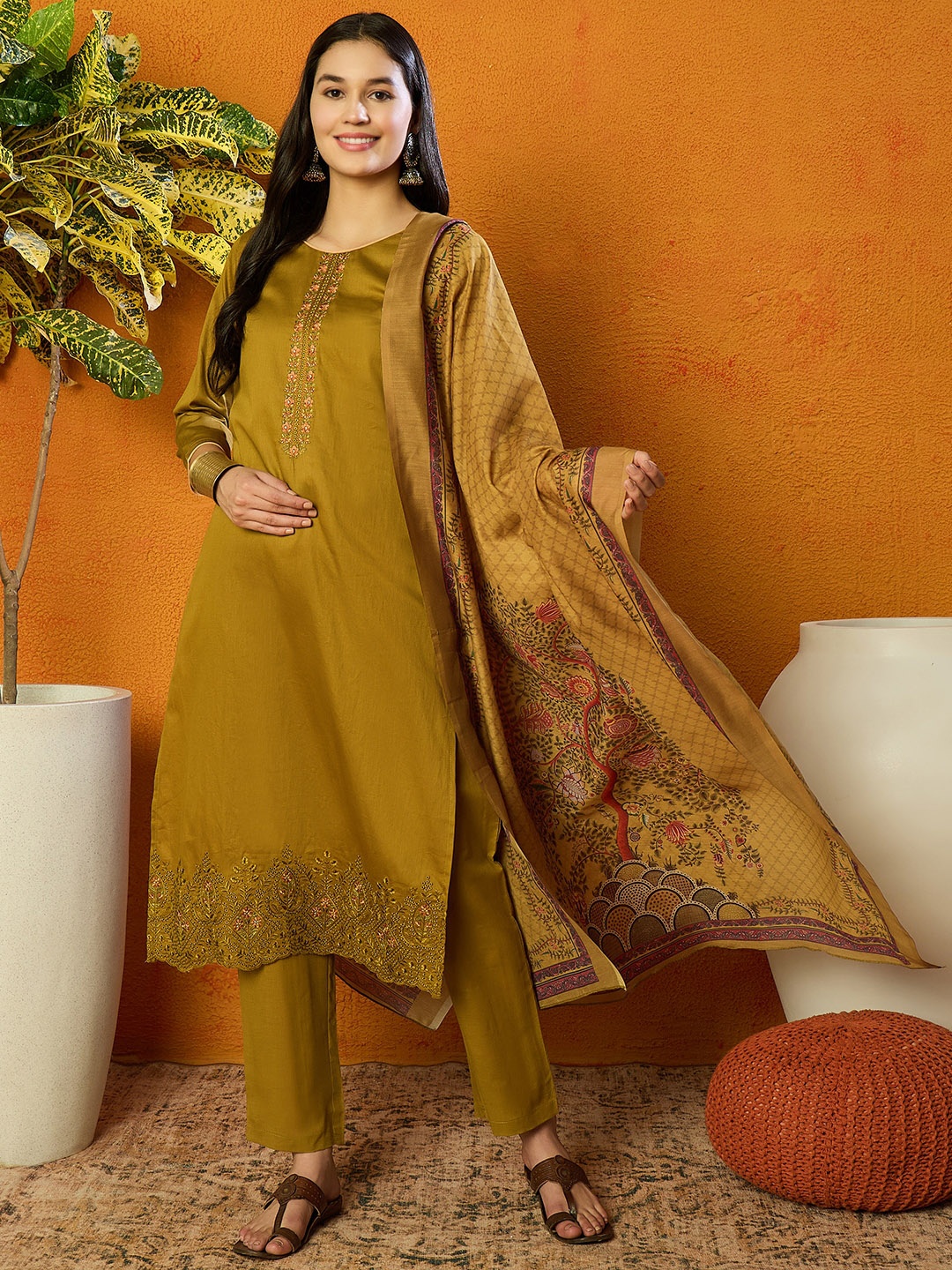 

AHIKA Yellow Floral Embroidered Yoke Design Thread Work Kurta With Trousers & Dupatta