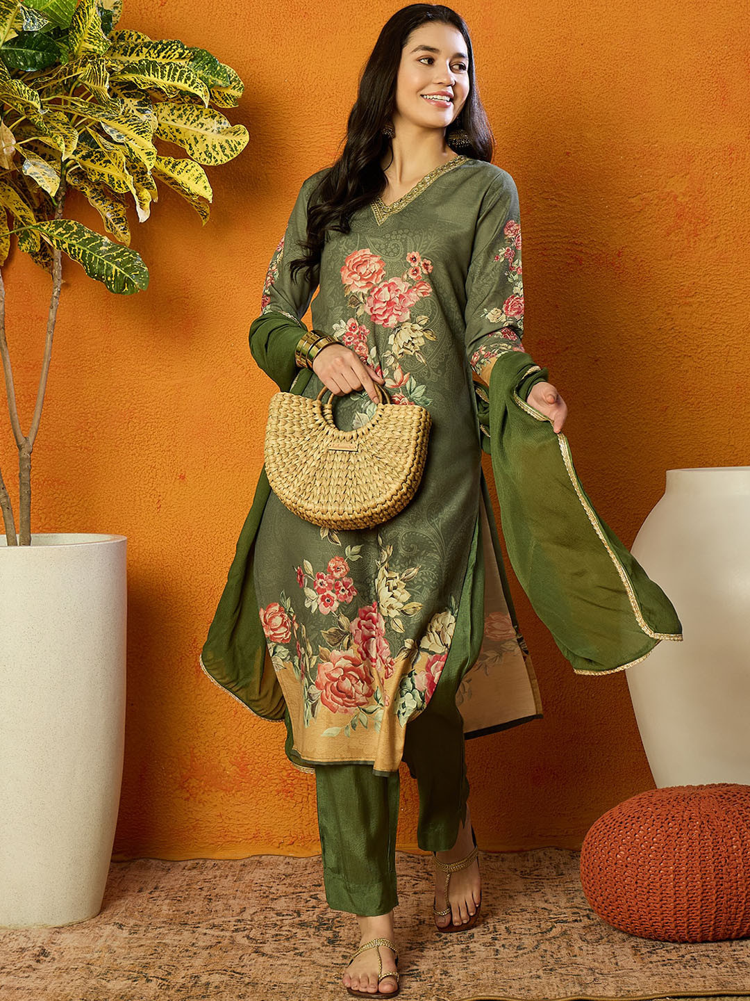 

AHIKA Floral Printed V-Neck Regular Straight Kurta With Trousers & Dupatta, Olive