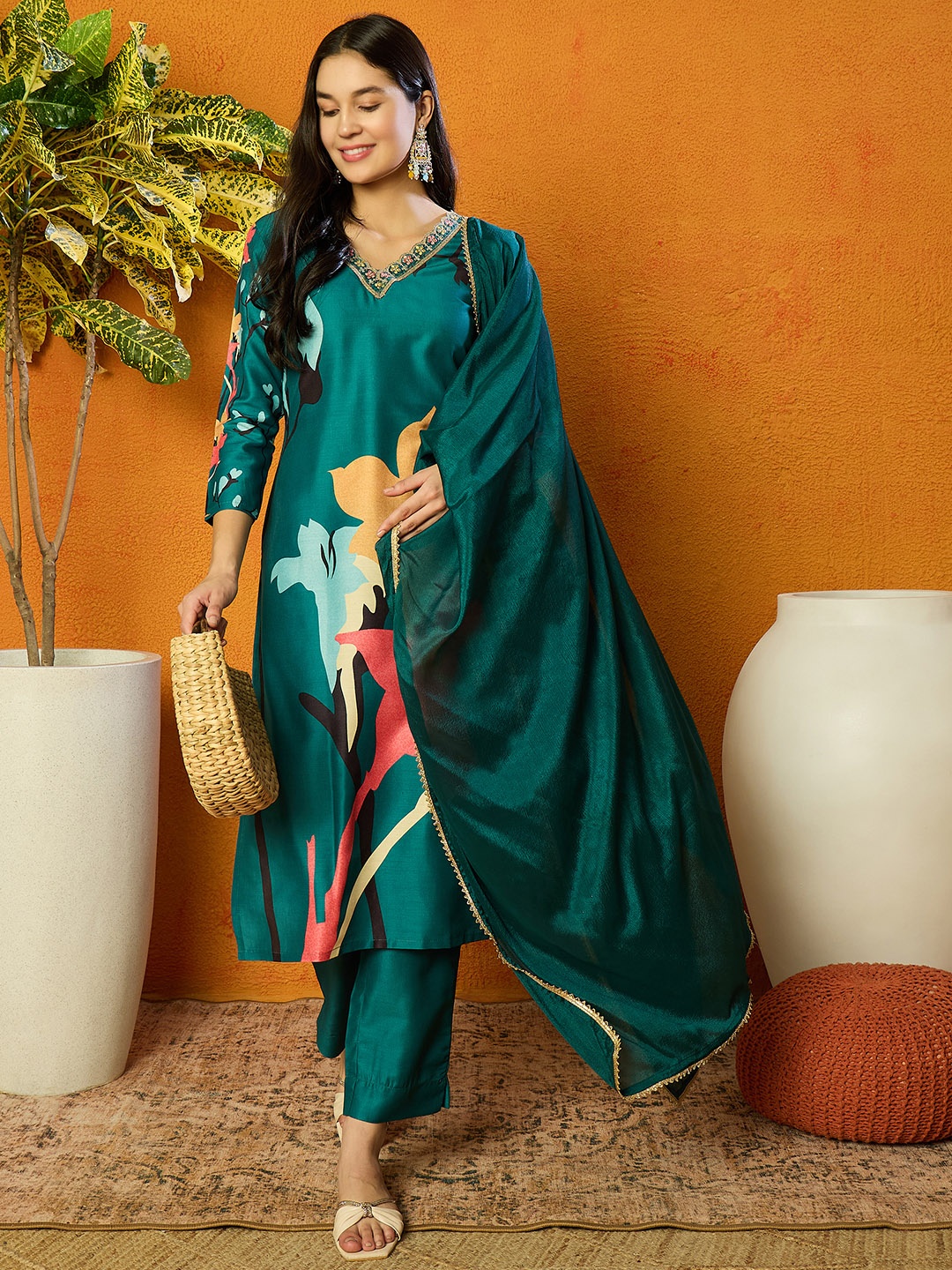 

AHIKA Green Floral Printed V-Neck Straight Zari Kurta with Trousers & Dupatta