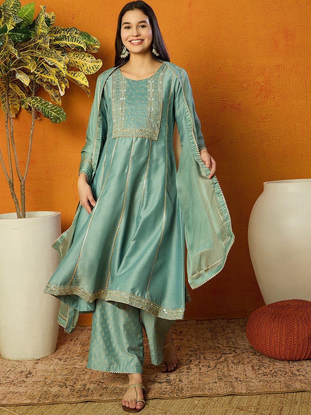 

AHIKA Sea Green Floral Yoke Design Mirror Work Anarkali Kurta with Palazzos & Dupatta