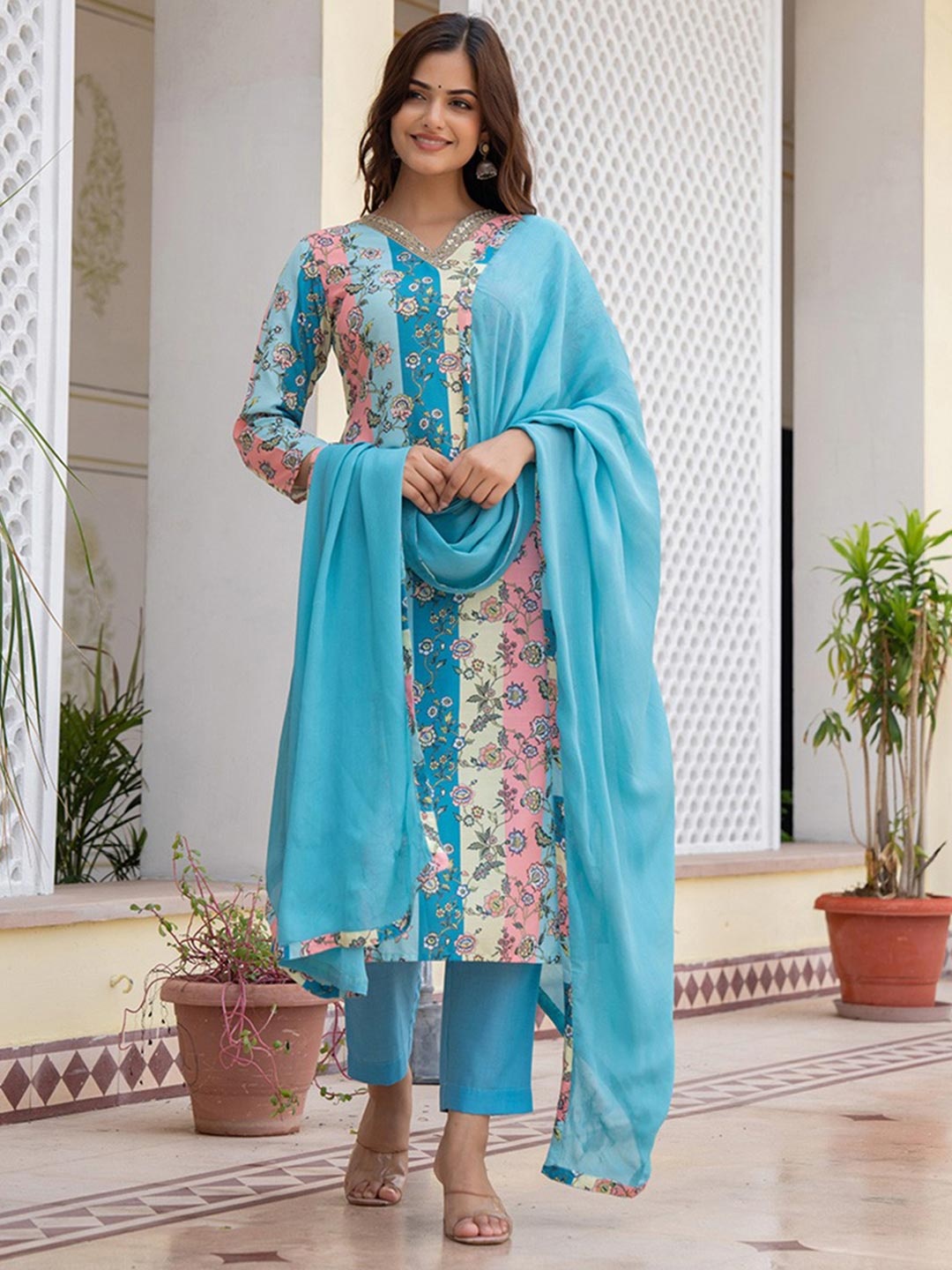 

AHIKA Blue Floral Printed Zari V-Neck Straight Kurta with Trousers & Dupatta