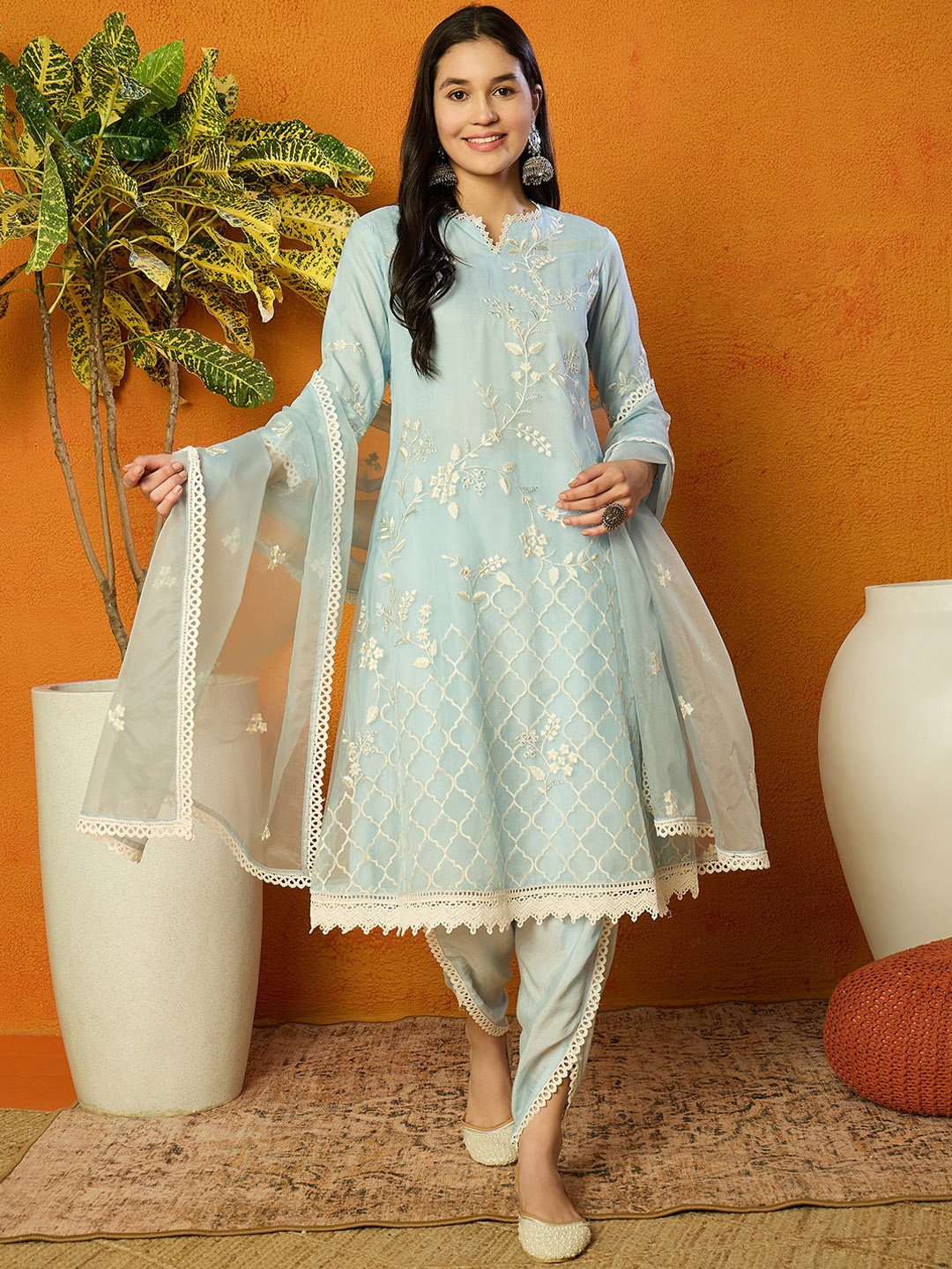 

AHIKA Blue Floral Embroidered Thread Work Organza A-Line Kurta With Dhoti Pants & Dupatta