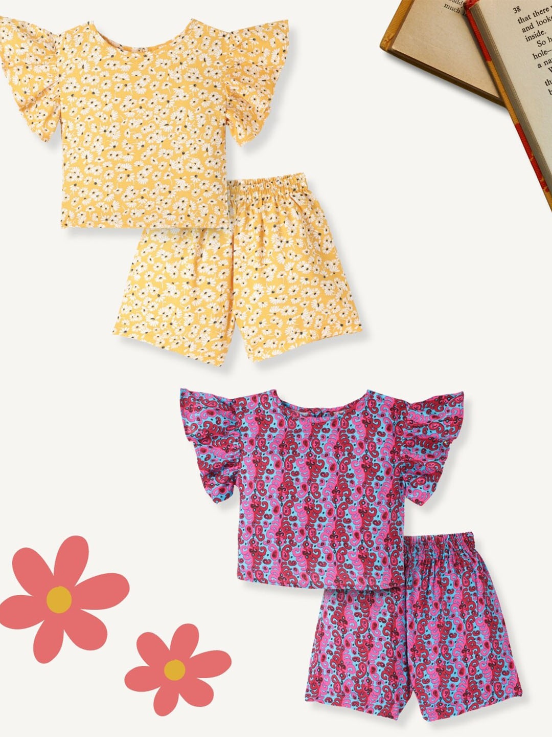

FUNKRAFTS Girls Pack Of 2 Printed Flutter Sleeves Pure Cotton Top & Shorts, Yellow