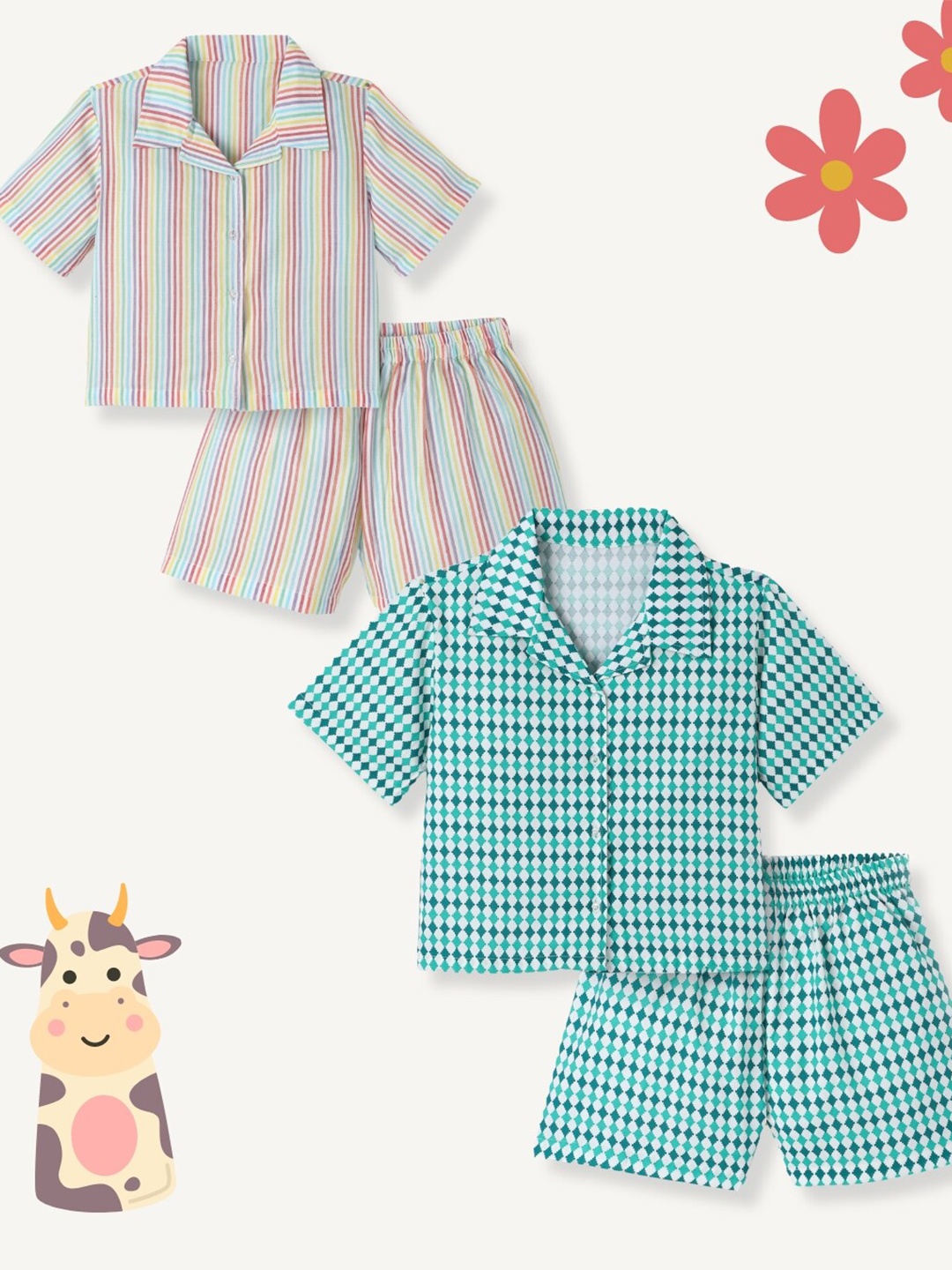 

FUNKRAFTS Girls Pack Of 2 Striped Short Sleeves Pure Cotton Shirt & Shorts, Blue