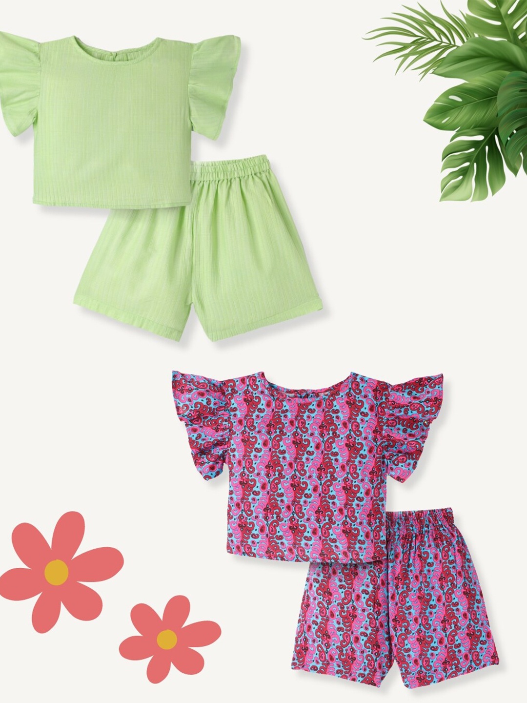 

FUNKRAFTS Girls Pack Of 2 Printed Pure Cotton Tops With Shorts, Green