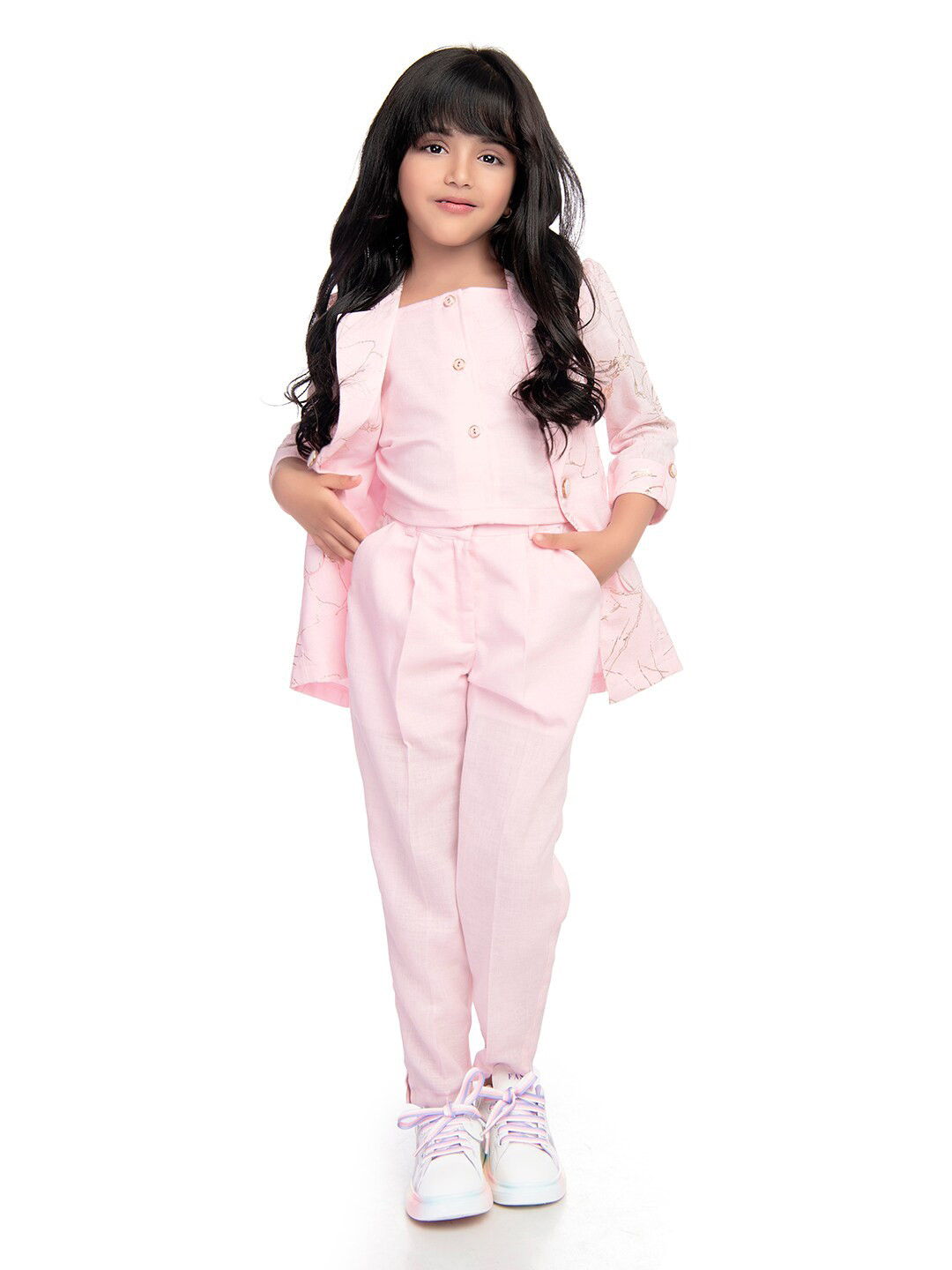 

Tiny Baby Girls Square Neck Printed Top With Trousers With Jacket., Pink