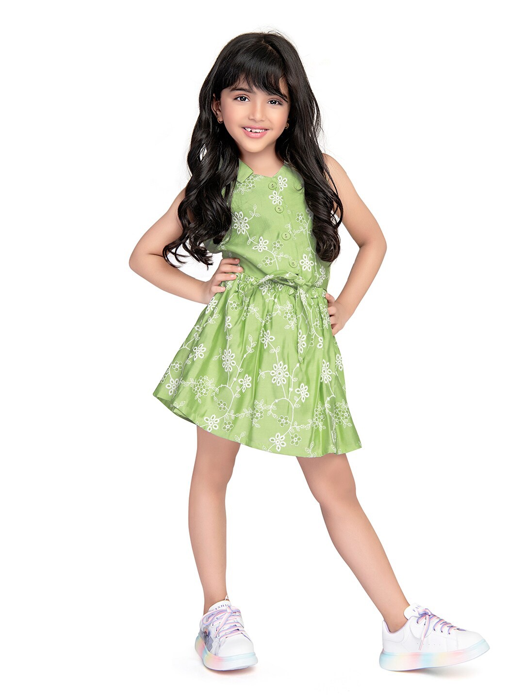 

Tiny Baby Girls Floral Embroidered Shirt Collar Shirt with Skirt, Green